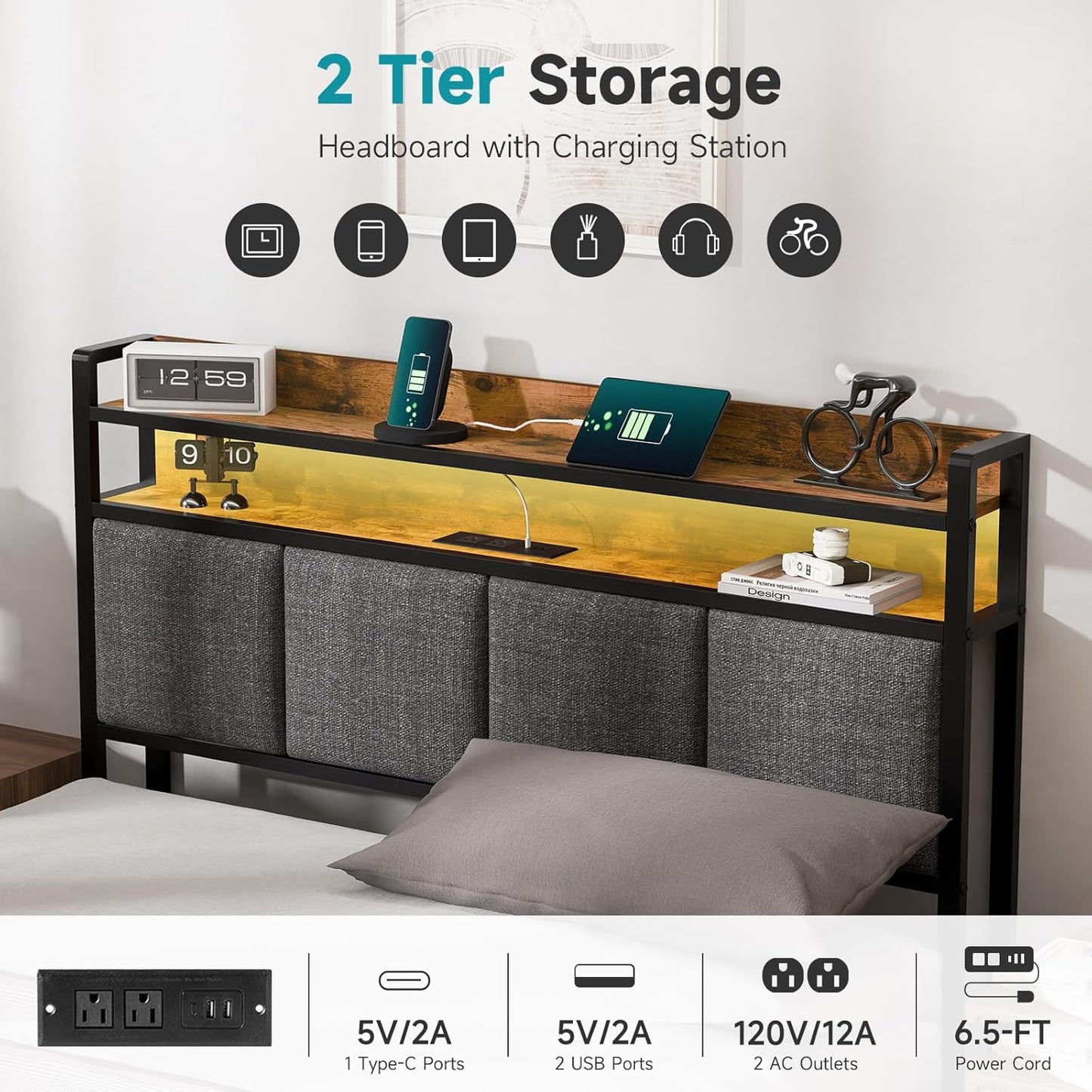 Full Bed Frame with LED Light &Charging Station, Metal Platform Bed with 2-Tier Shelves & Under Bed Storage, Upholstered Headboard&Footboard,No Box Spring Needed,Noise Free,Easy Assembly,Vintage Brown