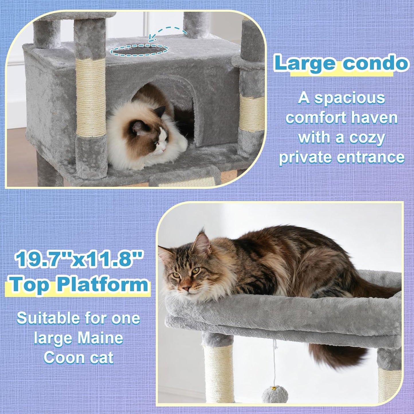 Hey-brother Cat Tree Tower, Scratching Posts with Extra Large Platform and Basket, Specious Condo, 2 Cozy Hammocks, Scratch Board for Indoor Adult Cats, Maine Coon 71.7 inches, Light Gray MPJ080W