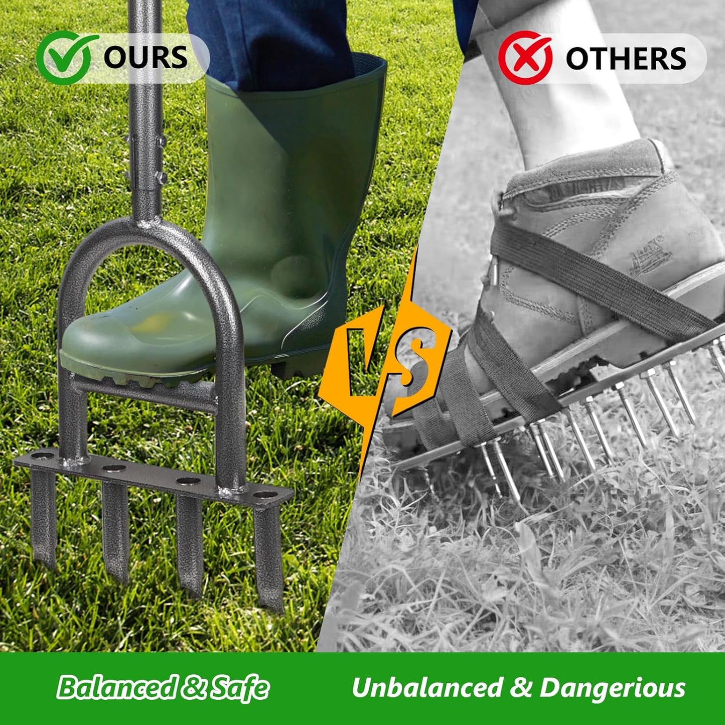 2-in-1 Lawn Aerator Tool - Adjustable Height with 4 Hollow Aeration Tines, High-Strength Anti-Rust Carbon Steel, Foot-Operated Weed Puller & Lawn Aerator for Garden Lawn Care & Compacted Soil Aeration