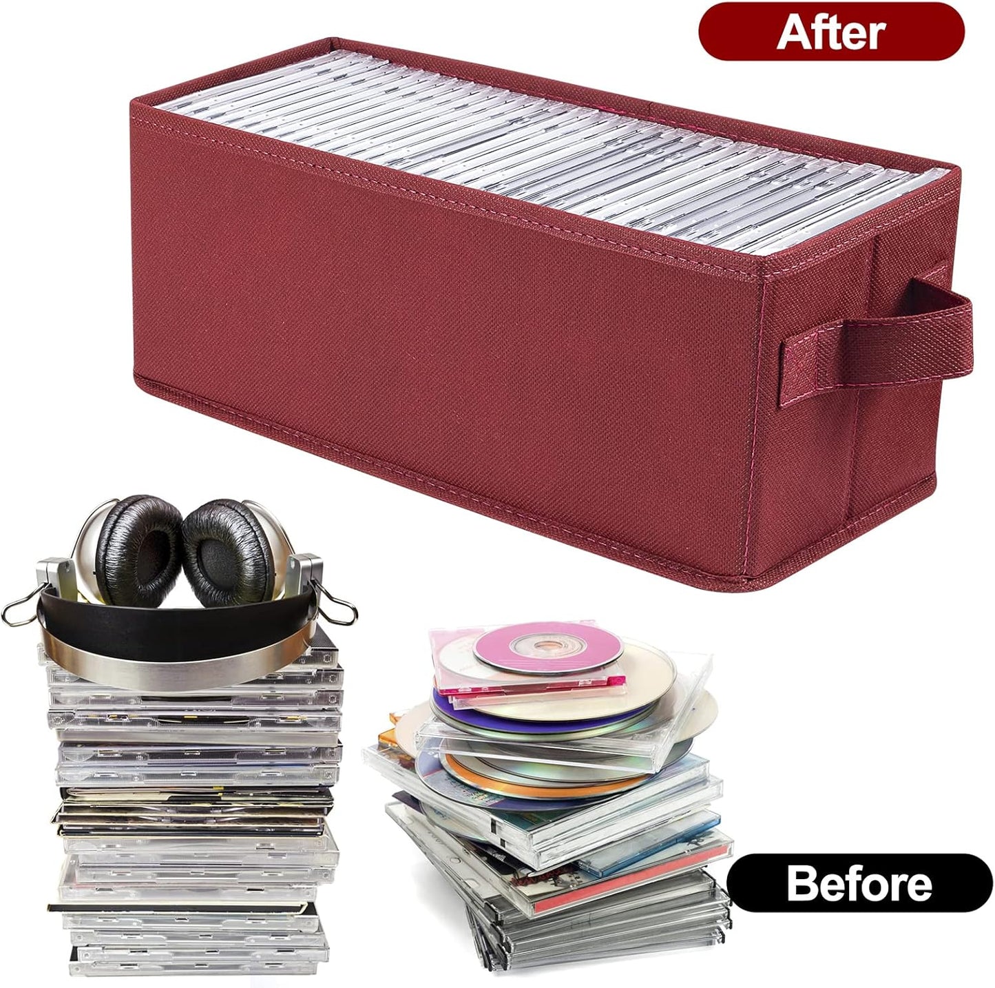 UENTIP CD Storage Boxes - Pack of 2 DVD CD Case Storage Container holds 30 CDs in full jewel cases, 60 CDs in slim cases, and 165 discs in CD sleeves - 13.2" x 5.9" x 5.3",(2pack-red)