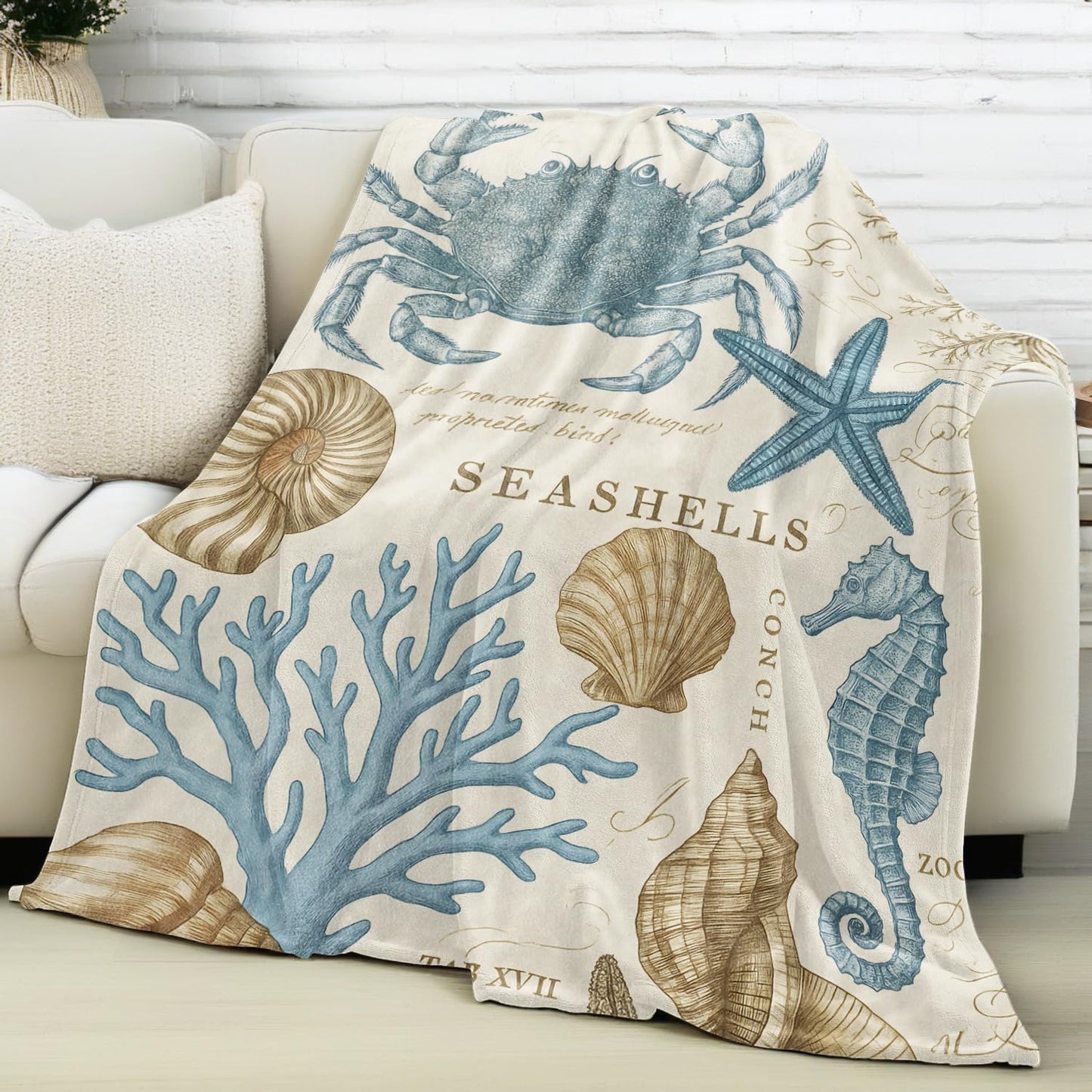 Vintage Sea Creature Blanket Lightweight Flannel Blankets Gifts for Adults Ocean Design with Crab Starfish Seahorse Coral and Shell Printed Throw for Couch Chair Summer Beach Decor, 60x50inch