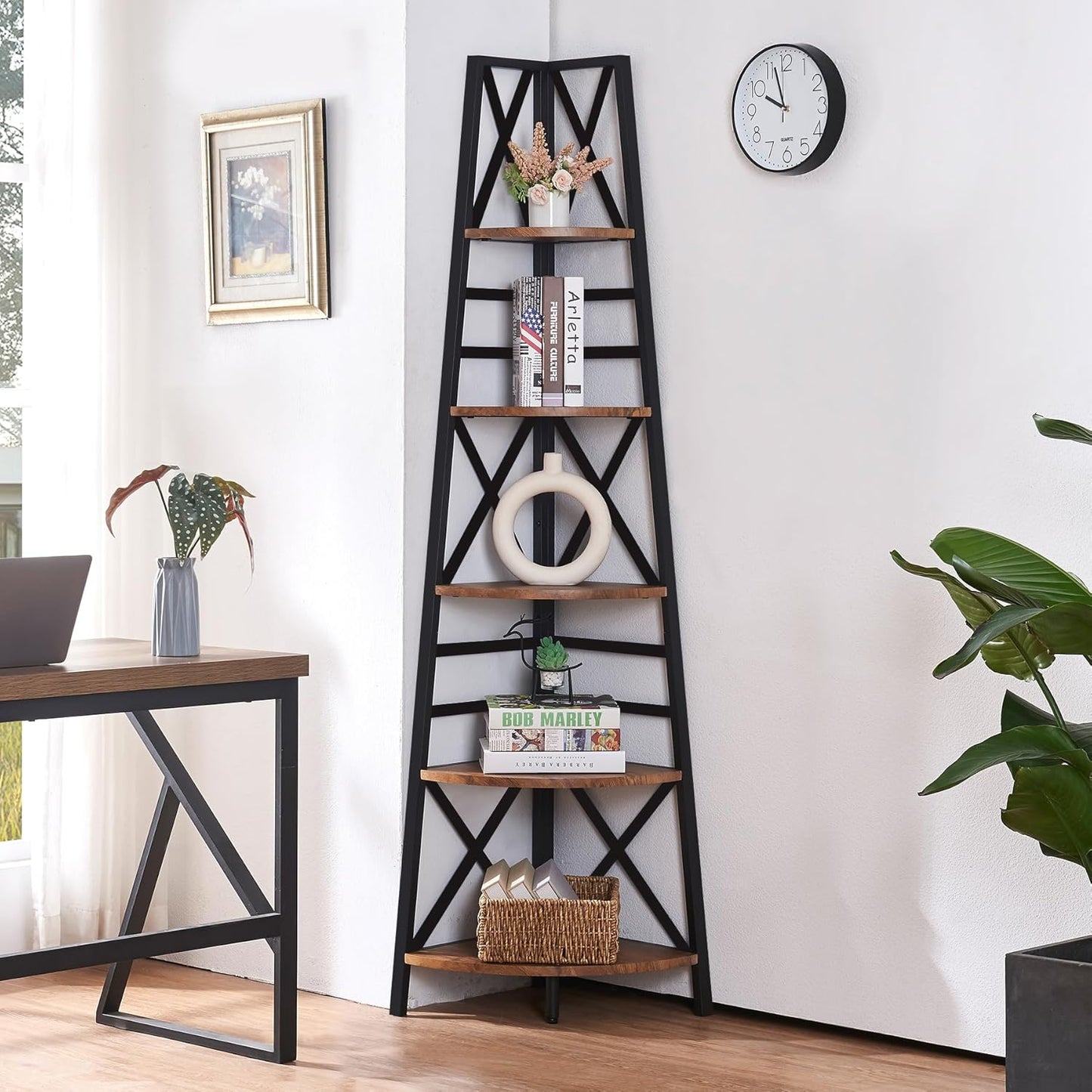 HOMBAZAAR 72 Inch Tall Corner Shelf, 5 Tier Corner Ladder Bookshelf, Tall Corner Bookcase with Metal Frame, Rustic Shelf Stand for Living Room, Bedroom, Office, Rustic Brown