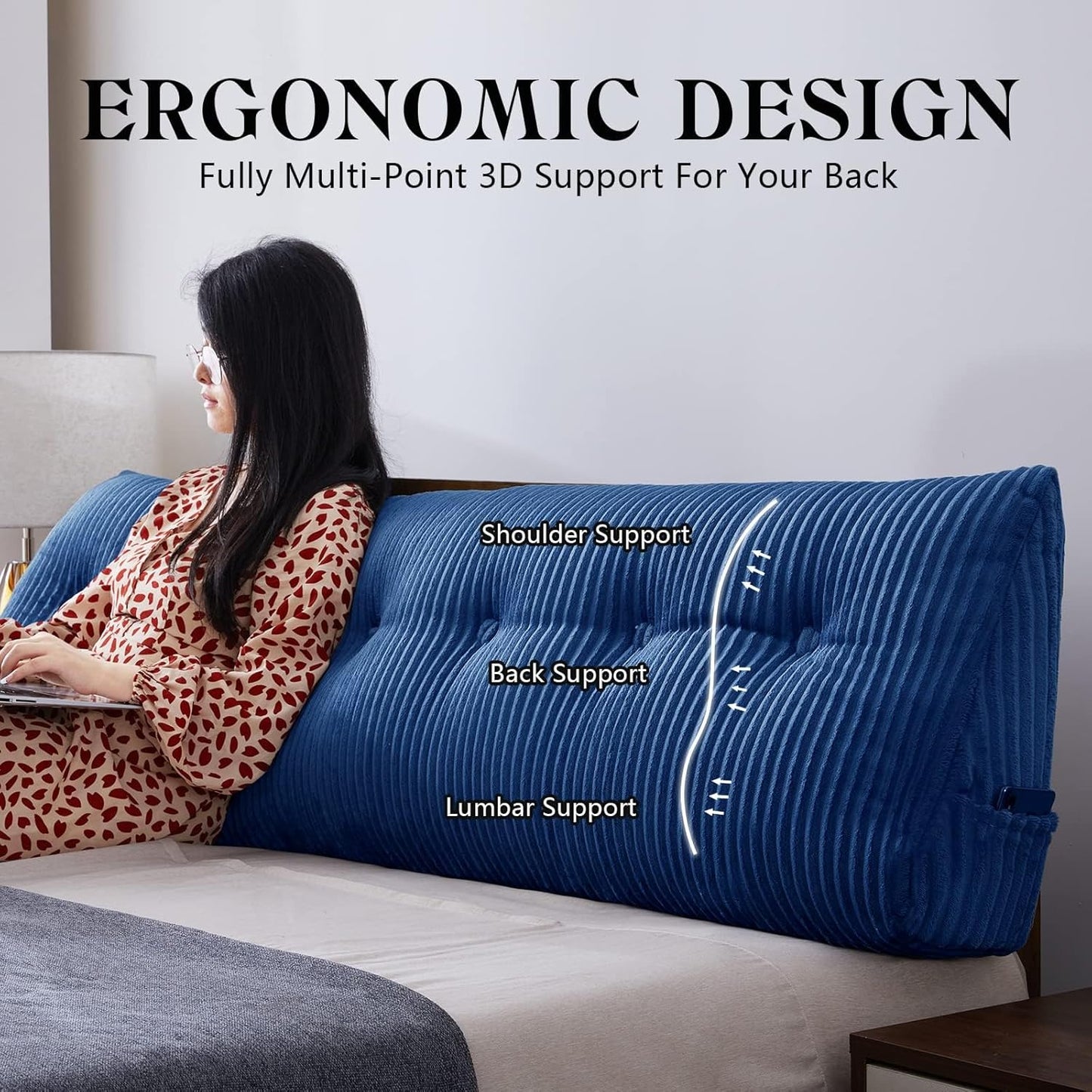 SLIGUY Large Headboard Pillow, Headboard Wedge Pillow Bed Rest Reading Pillow Bolster Triangular for Sitting in Bed-Backrest Positioning Support Long Pillow for Daybed (Full: 54x8x20 Inches,Blue)
