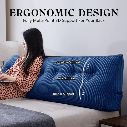 SLIGUY Large Headboard Pillow, Headboard Wedge Pillow Bed Rest Reading Pillow Bolster Triangular for Sitting in Bed-Backrest Positioning Support Long Pillow for Daybed (Full: 54x8x20 Inches,Blue)