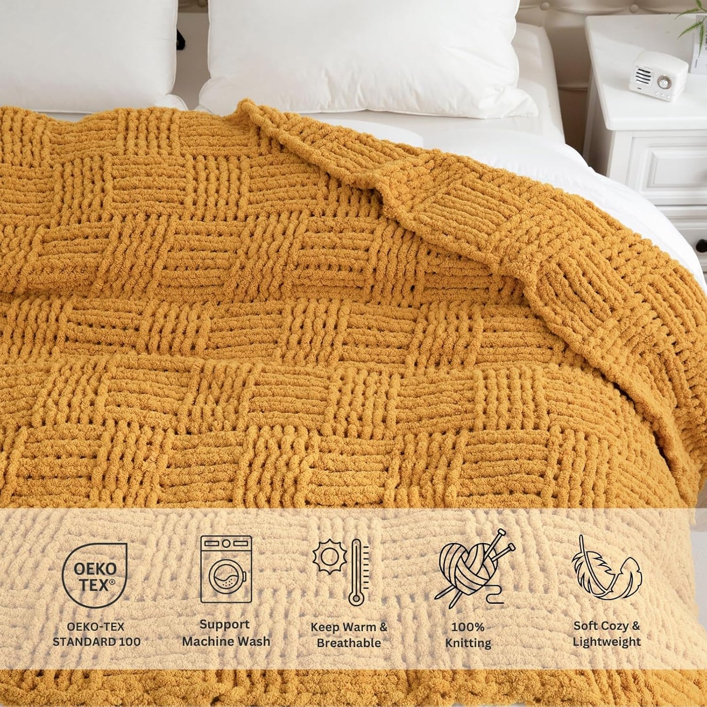 YIRUIO Handmade Chunky Knit Throw Blanket Cable with Checkered Pattern 60x80 Oversized Throw Larger Yarn Ultra Soft Cozy Warm for Home Décor Couch Sofa Bed (Turmeric, Twin XL)