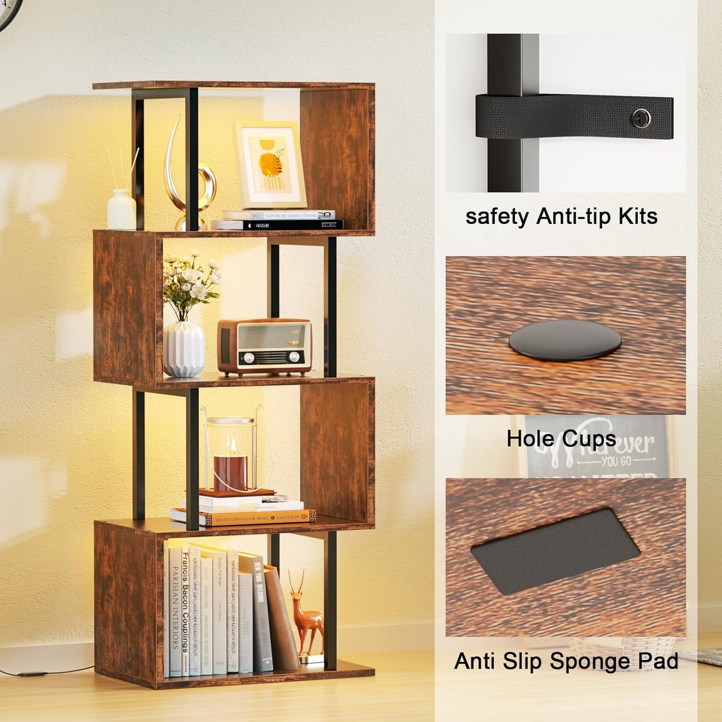 Furologee 5 Tier Geometric Bookshelf with LED Light, Small S-Shaped Bookcase, Industrial Display Standing Shelf, Metal Wooden Decorative Storage Shelves for Bedroom, Living Room, Office, Rustic Brown