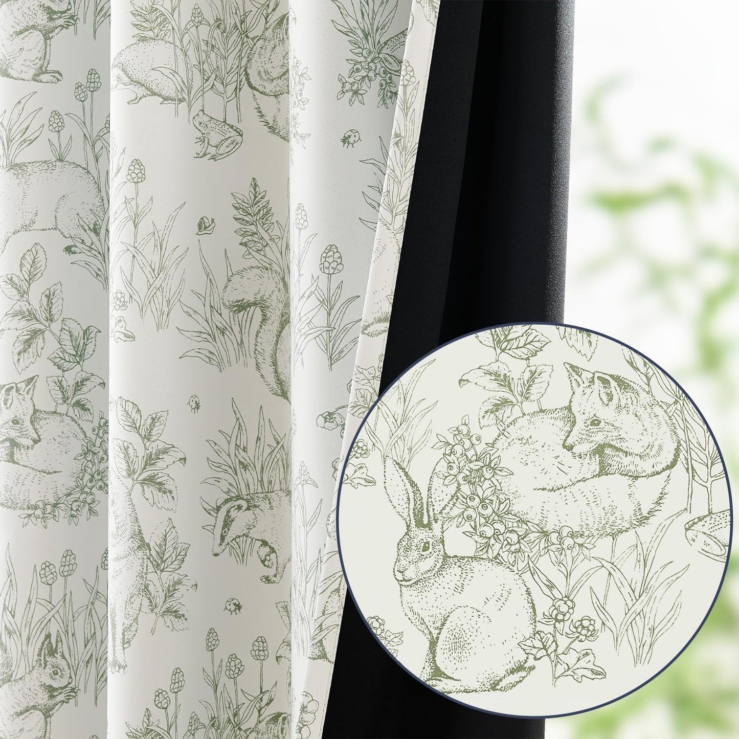 JINCHAN 95% Blackout Nursery Curtains 63 Inches Long, Bunny Woodland Toile Easter Decor Curtains Sage Green on Beige Animal Printed Drapes Bedroom Spring Decoration Farmhouse Window Treatment 2 Panels
