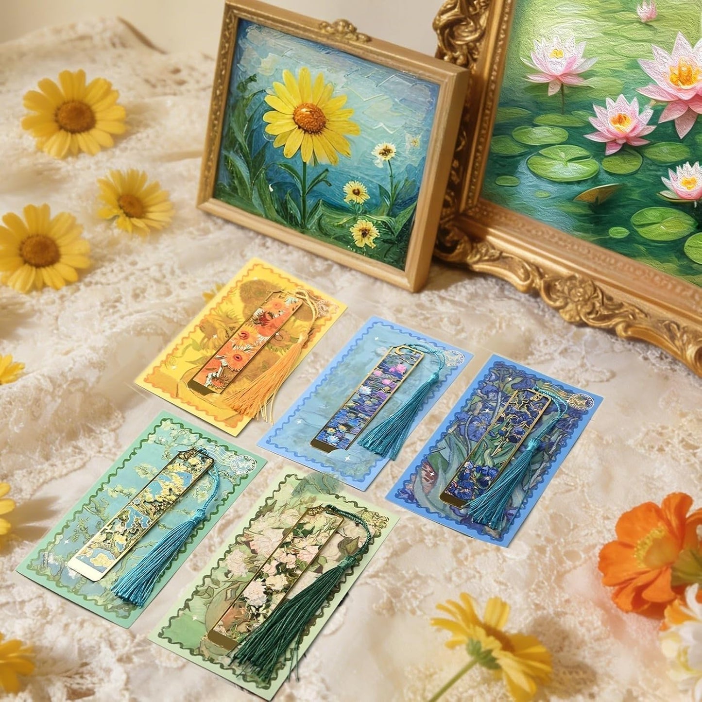 5 Pcs Metal Bookmarks with Tassel, Oil Painting Flowers Theme Exquisite Bookmarks, Book Accessories Gifts for Book Lovers Writers Readers Children Teens Men Women Adults (Flowers-5pcs)