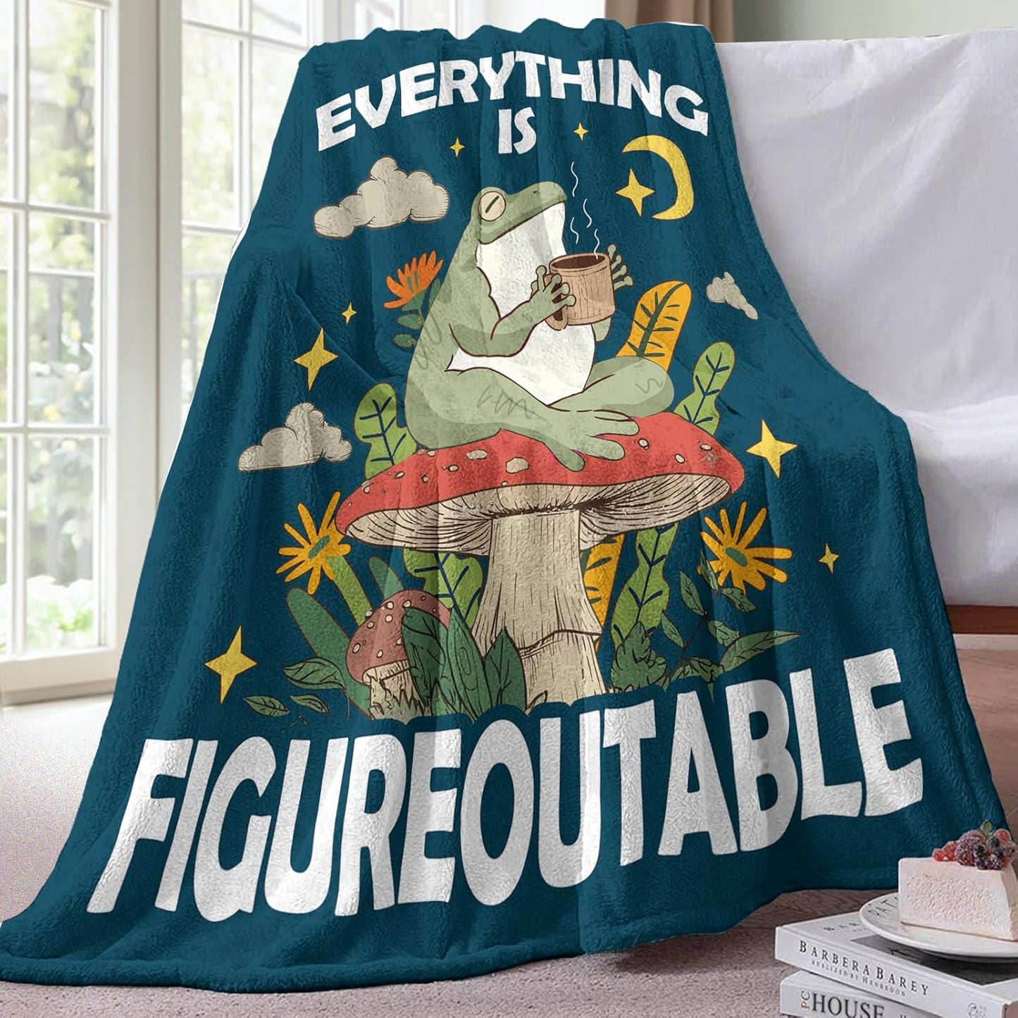 Inspirational Everything is Figureoutable Flannel Throw Blanket, Funny Frog Mushroom Motivational Kids Men Women Birthday Gifts, Positive Cottagecore Soft Blankets for Bedding Sofa 50" x 60"