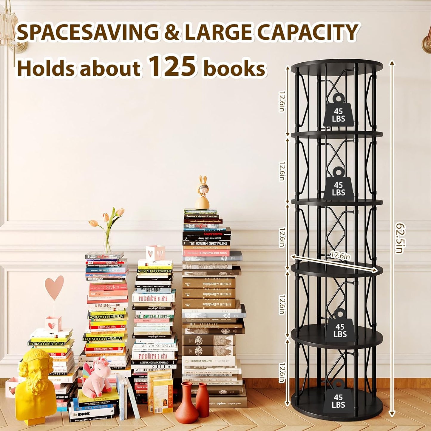 5 Tier Rotating Bookshelf Tower, Revolving Bookcase, 360° Round Spinning Book Shelf, Narrow Swivel Bookshelves Vertical Turning Corner Bookshelf Organizer for Bedroom, Living Room, Black