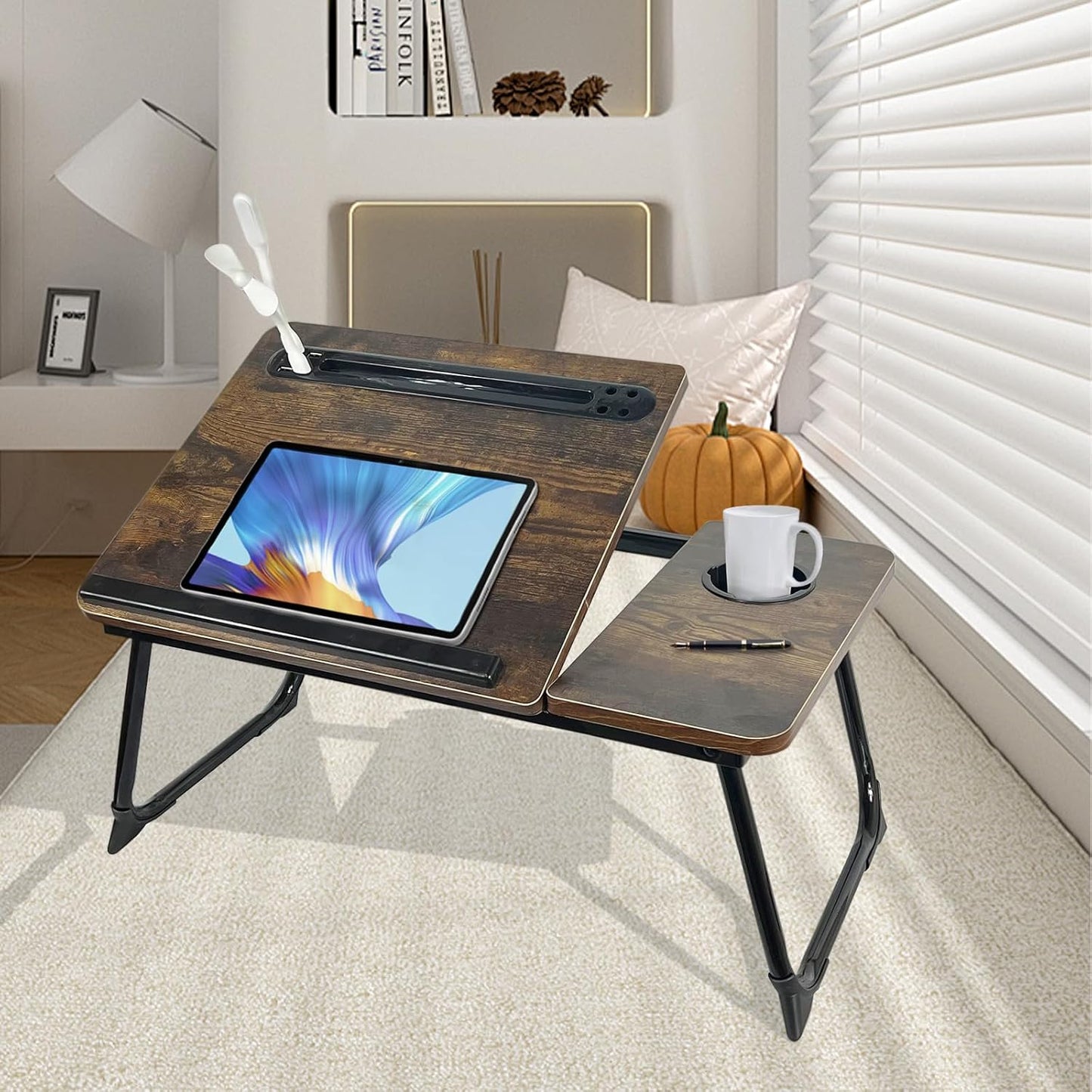 Laptop Desk for Bed, Laptops Bed Tray Desk with 5 Different Angles, Foldable Laptop Bed Table with USB Charge Port and Cup Holder for Writing Working (Rustic Brown)