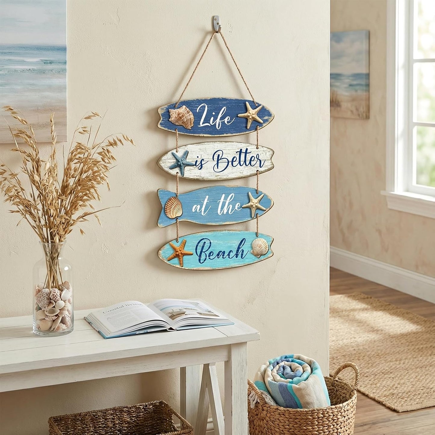 Summer Beach Wooden Wall Decor Farmhouse Coastal Bathroom Wall Art Room Decor Blue Nautical Wooden Hanging Sign Decorations for Bedroom Bathroom Office Home Signs Living Room Door Decorations
