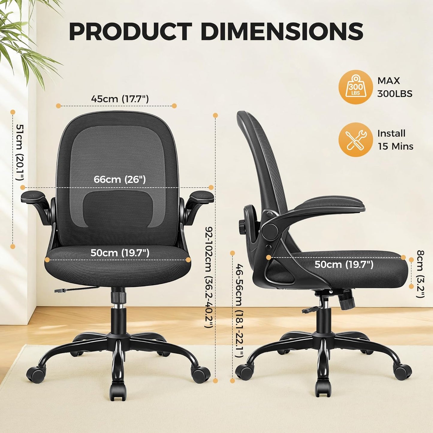 Primy Desk Chair Ergonomic Office Chair with Adjustable 3D Lumbar Support and Height, Comfy Mesh Computer Chair with Flip-up Armrests, Swivel Rolling Task Chair with Wheels for Home Office (Black)