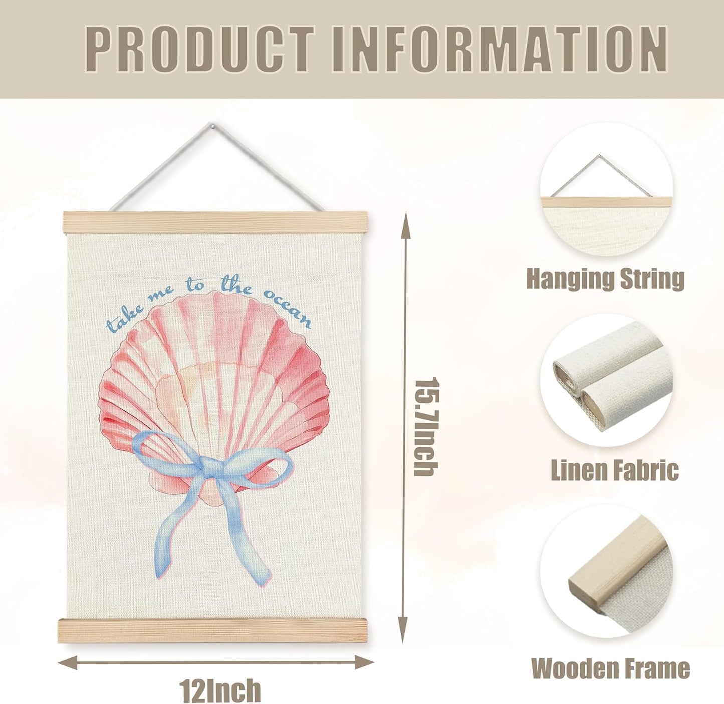 WUCHJ Coquette Blue Bow Seashell Beach Wall Art Poster, Preppy Coastal Ocean Wall Decor, Beachy Aesthetic Pink Conch Canvas Prints Artwork for Girls Room Dorm Apartment Decor, 12x16 Inch