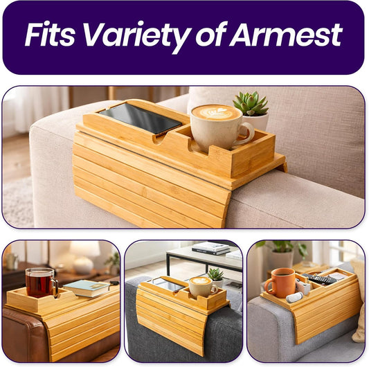 Bamboo Couch Armrest Table, Couch Arm Tray with Removable Couch Cup Holder, 2 in 1 Anti-Slip Foldable Sofa Armchair Caddy Table for Drinks Cellphone TV Remote Snacks, Anti-Slip