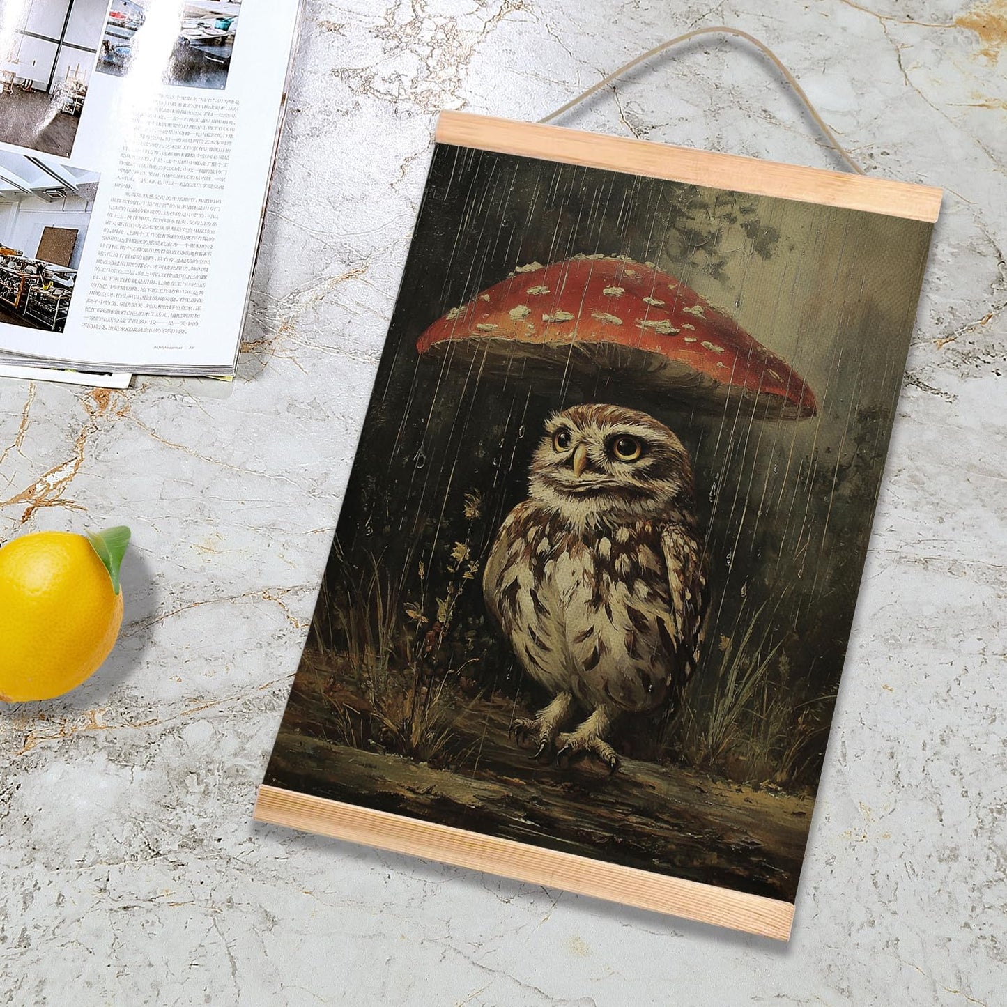 HEYJEEPER Owl and Mushroom Wall Art,14x18inch Gothic Animal Canvas Poster with Wood Hanger,Vintage Owl Home Wall Decor for Bedroom,Living Room,Gothic Lovers Gift