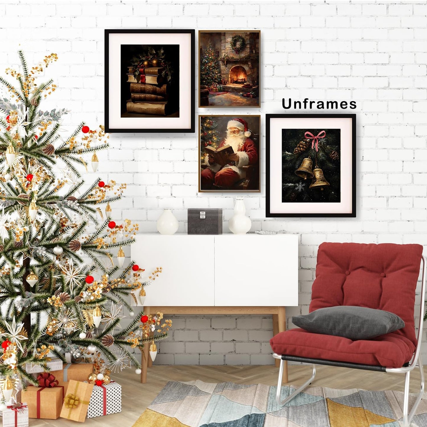 XUNLURY Dark Academia Christmas Wall Art Prints Unframed Set of 4, Vintage Christmas Wall Decor, Santa Book Cozy Fireplace Xmas Tree Bells Artwork Pictures for Home Library Reading Room Corner, 8x10
