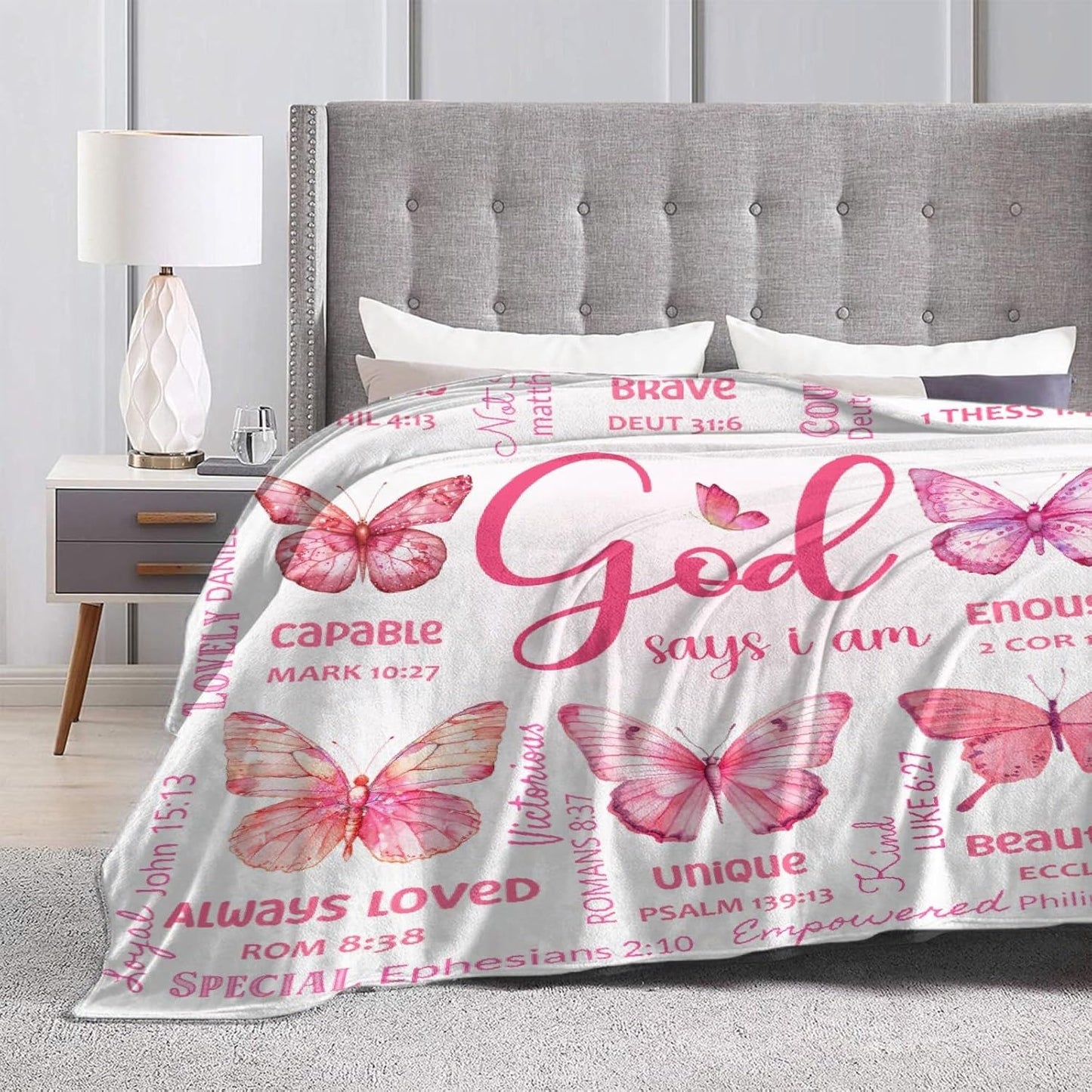 Christian Blanket, Butterfly Throw Blanket for Women Mom Girl,Catholic Gifts,Inspirational Faith Prayer Quilt with Bible Verse Scripture,Soft Flannel, Pink, 40" x 50"