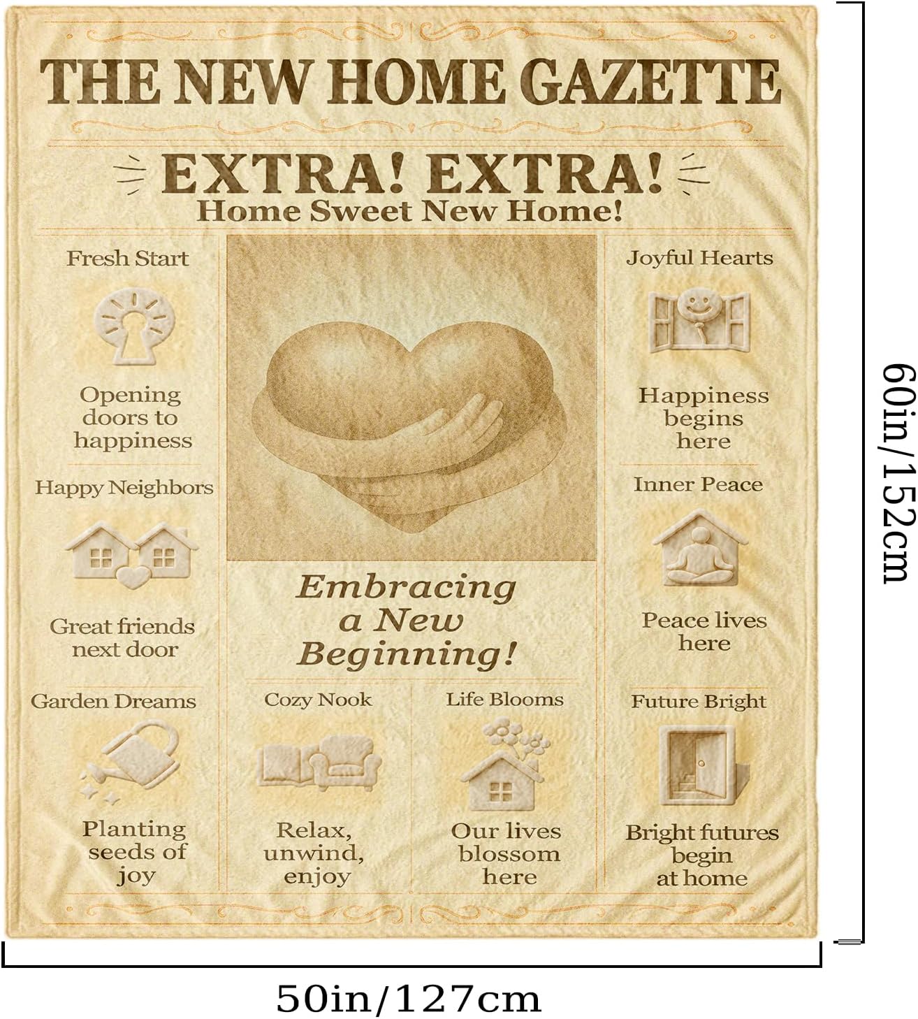 Housewarming Blanket 60x50 Soft Flannel Throw - “New Home Gazette” Vintage Newspaper Style - Neutral Cozy Decor - New Home Gift for Couple, Neighbor, Real Estate Closing