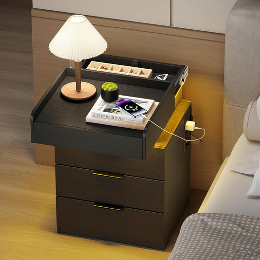 Black Nightstand with Charging Station & Lockable Hidden Drawer, App-Controlled LED Lights and Sliding Top, Bedroom End Table with Gun Storage(Right Charging)