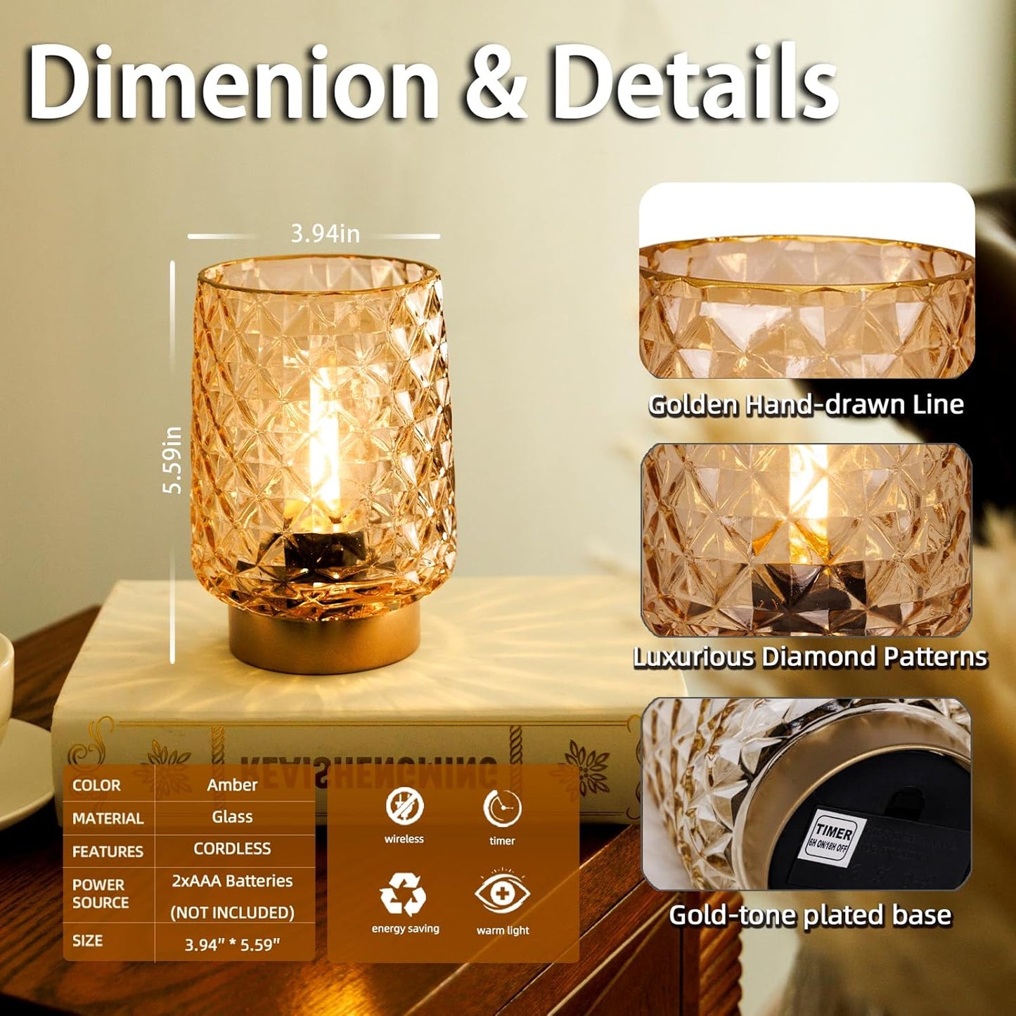 MJ PREMIER Battery Operated Lamp with Timer Small Cordless Lamps Cordless Table Lamp Beside Lamps Modern Touch Night Light for Home Decor, Bedside, Kitchen, Shelf, Hallway, Emergency, Gift Amber