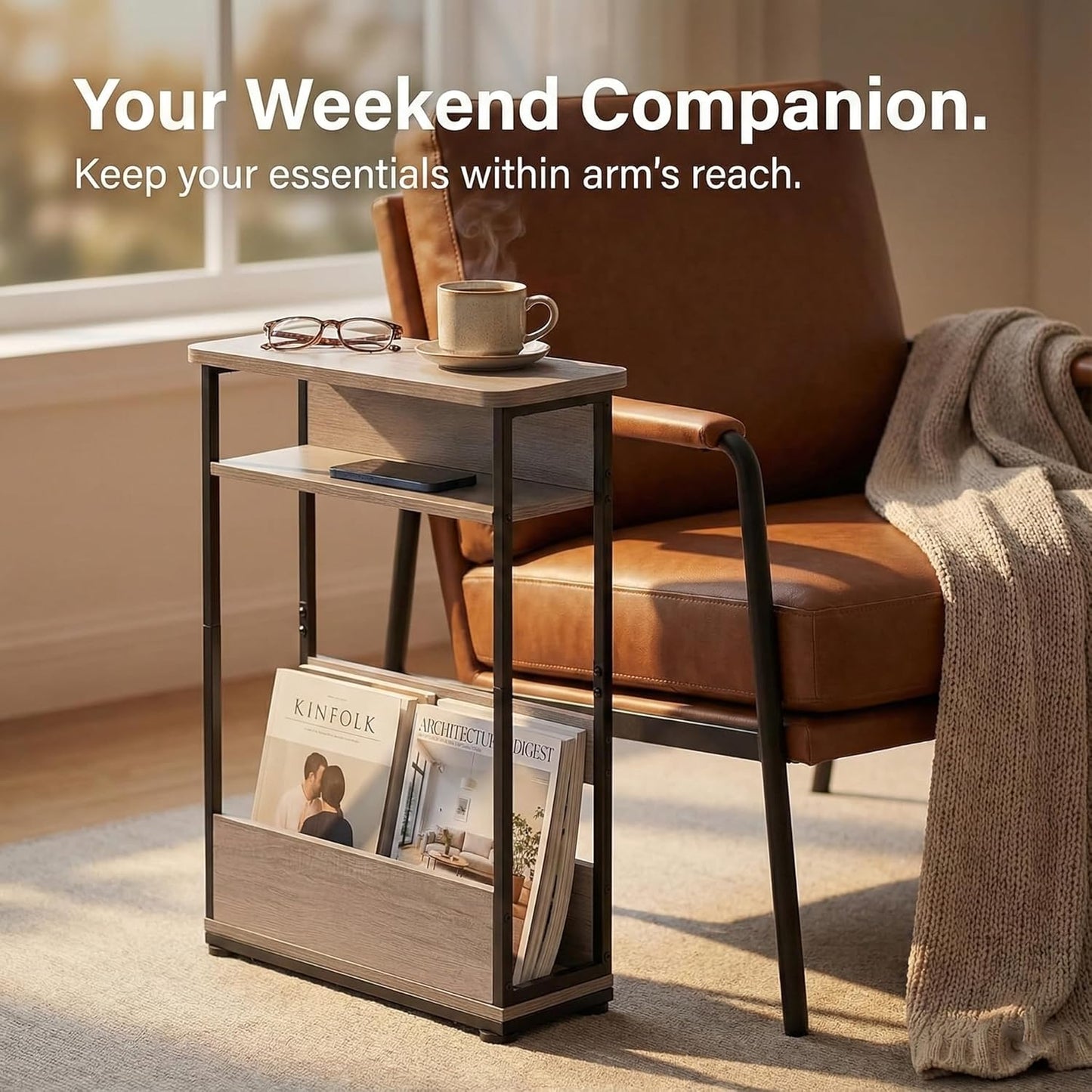 Narrow Side Table,3-Tier Slim End Table with Storage Shelf,Modern Sofa Table Thin Side Table for Narrow and Small Spaces, Skinny Bedside Table Small Nightstand with Magazine Rack Space Saving/Oak