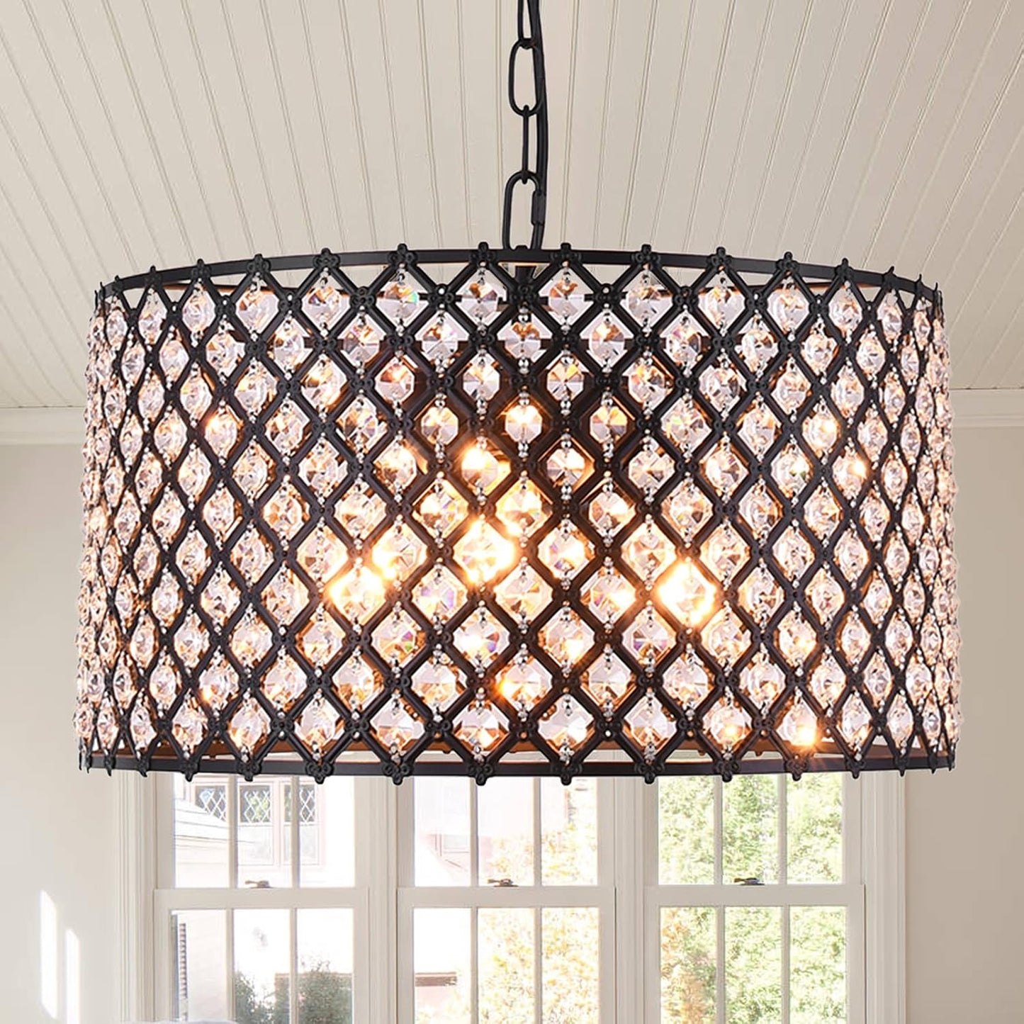 Lingkai 15.75“ Modern Crystal Chandelier Pendant Light Fixture 3-Light Hanging Pendant Ceiling Lamp Caged Metal Drum Shade Black Finish