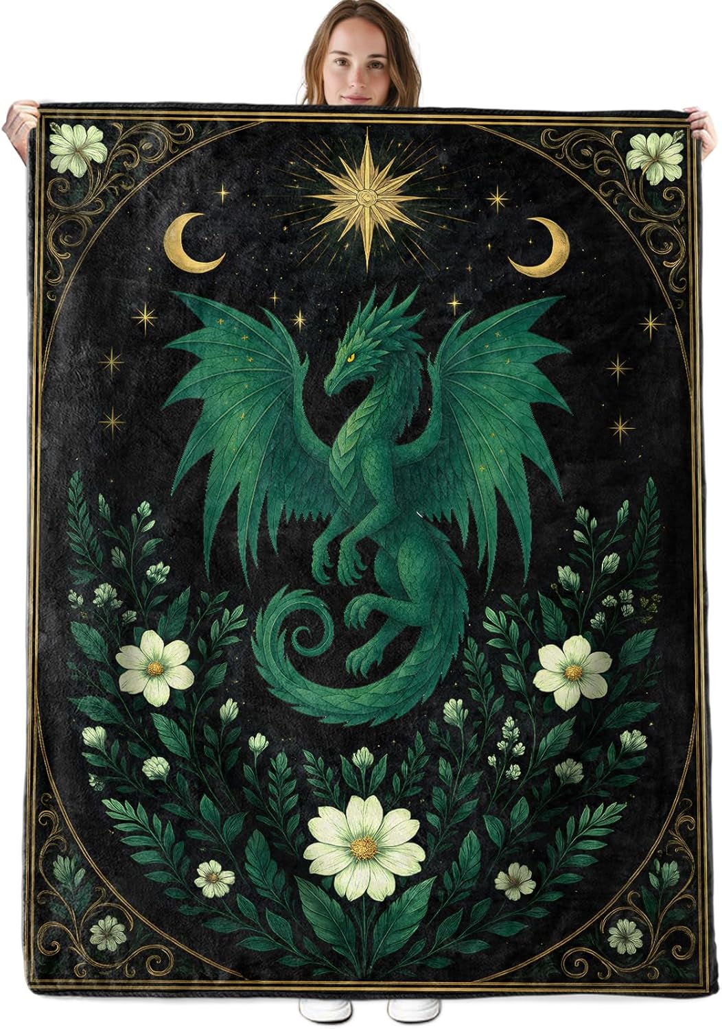 Fantasy Dragon Flannel Throw Blanket 50x60 Inch, Winged Green Animal and Botanical Blankets, Mystical Elegant Home Decor for Bed Couch Tent Travel, Thoughtful Gifts for Mythic Art Lovers