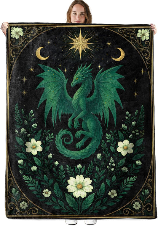 Fantasy Dragon Flannel Throw Blanket 50x60 Inch, Winged Green Animal and Botanical Blankets, Mystical Elegant Home Decor for Bed Couch Tent Travel, Thoughtful Gifts for Mythic Art Lovers
