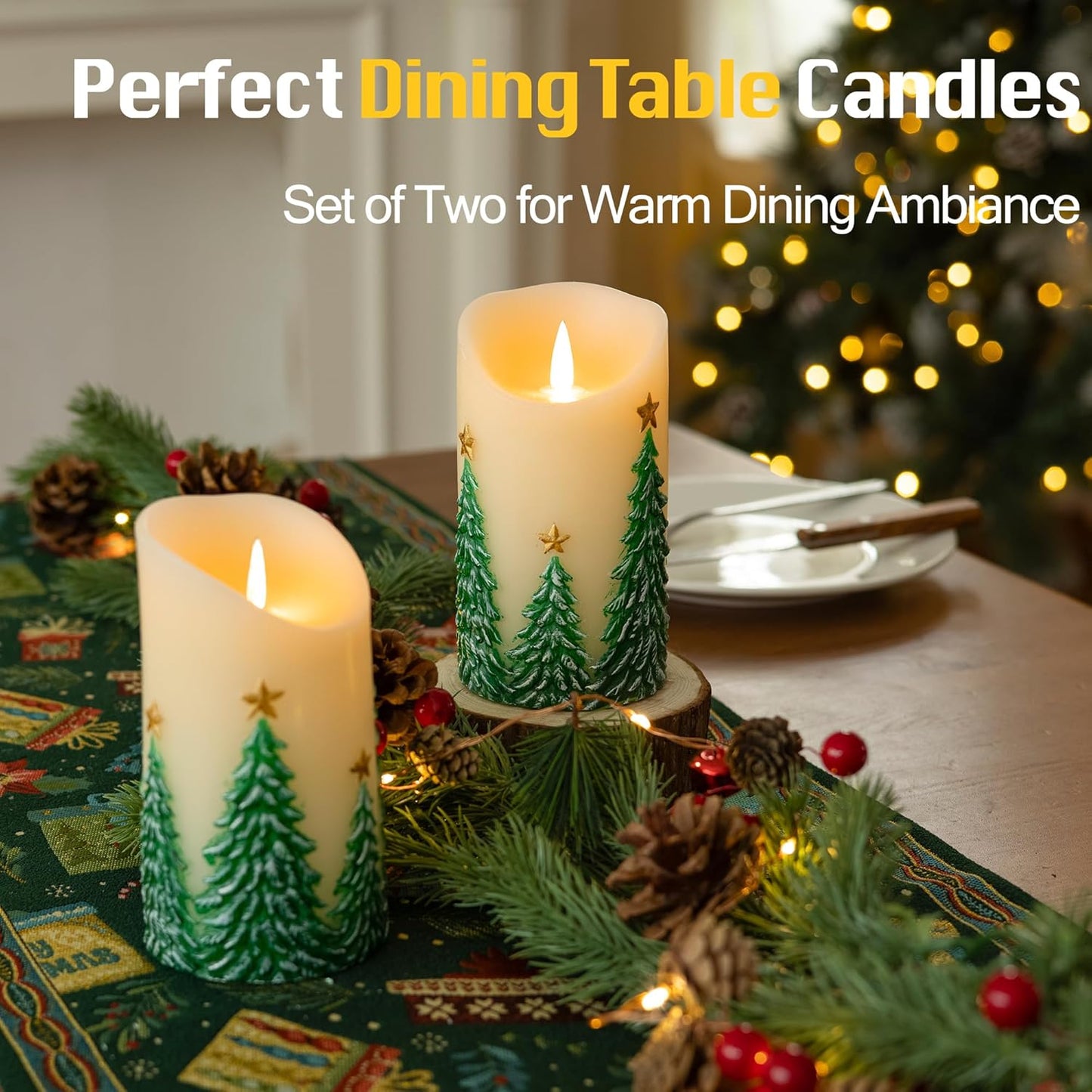 Christmas Embossed Tree Flameless Candles with Remote, Battery-Operated Real Wax LED Candle with Flickering Flame, Christmas Home Decor, Set of 2