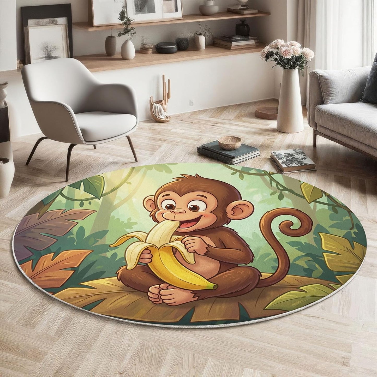 Modern Round Area Rug for Living Room, 5Ft Washable Round Rug Emerald Green Tropical Monkey Banana Circle Rugs for Dining Room Table, Cartoon Animal Small Circular Floor Carpet for Bedroom