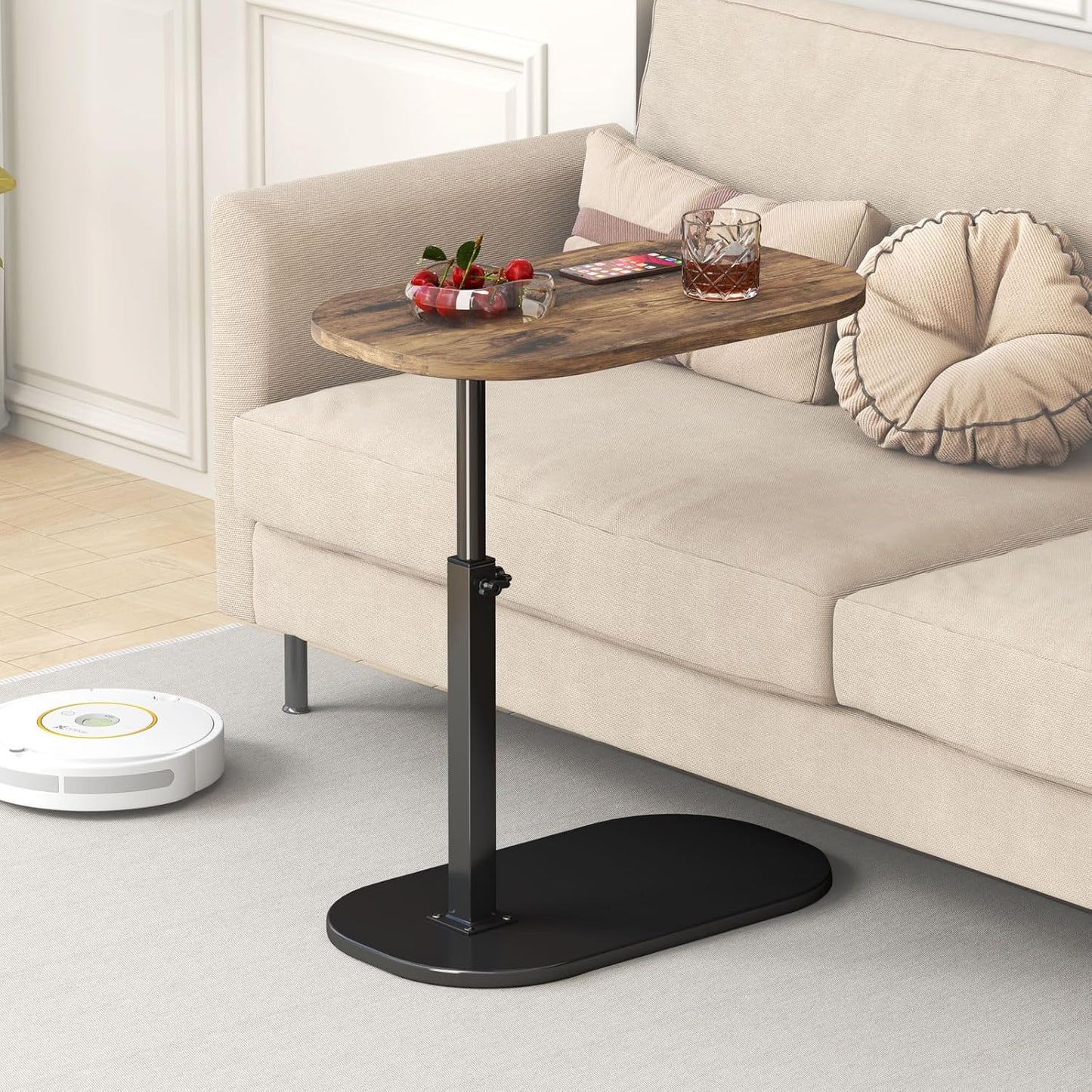 C Shaped Side Table, Adjustable Height C Shaped End Table, 360°Swivel Couch Side Tables that Slide Under, Modern Small Coffee C Table End Table for Sofa/Bed/Bathtub, Rotating Tabletop (Rust Brown)