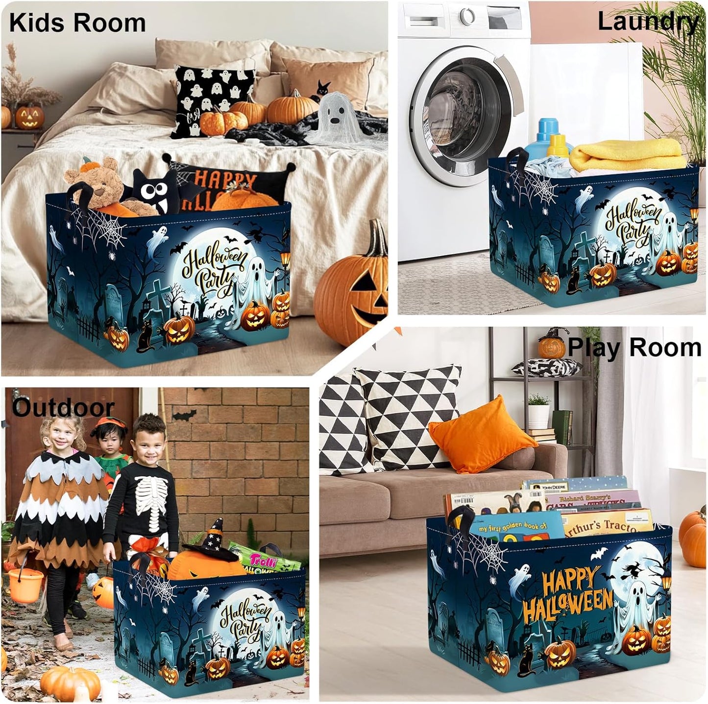 Halloween Baby Storage Basket Ghost Bat Pumpkin Collapsible Clothes Kids Laundry Hamper Large Boys Girls Gift Toy Box Bin for Nursery Room,Graveyard,40*30*30 cm