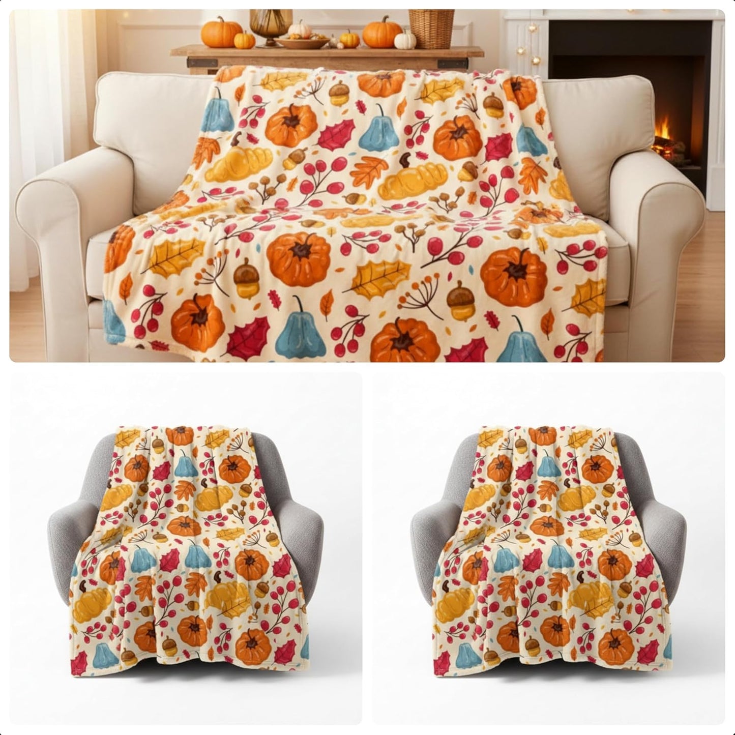 2 Pcs Large Thanksgiving Fall Blankets Pumpkins Orange Maple Leaf Soft Warm Plush Throw Fleece Cozy Lightweight Flannel Blankets for Living Room Couch Bed Chair Dorm Outdoor, 60"x80"