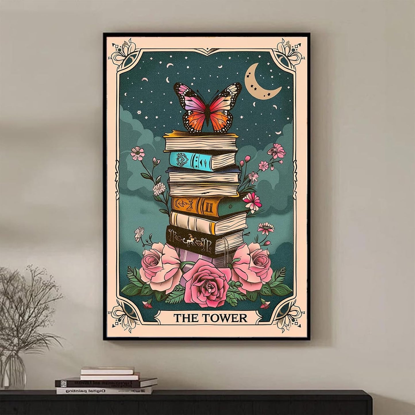 Tarot Card Books Poster Wall art Butterfly Botanical Flower Wall Art Library Reading Canvas Prints Gift for Book Lovers Vintage Bookish Decor 16x24 inch Unframed