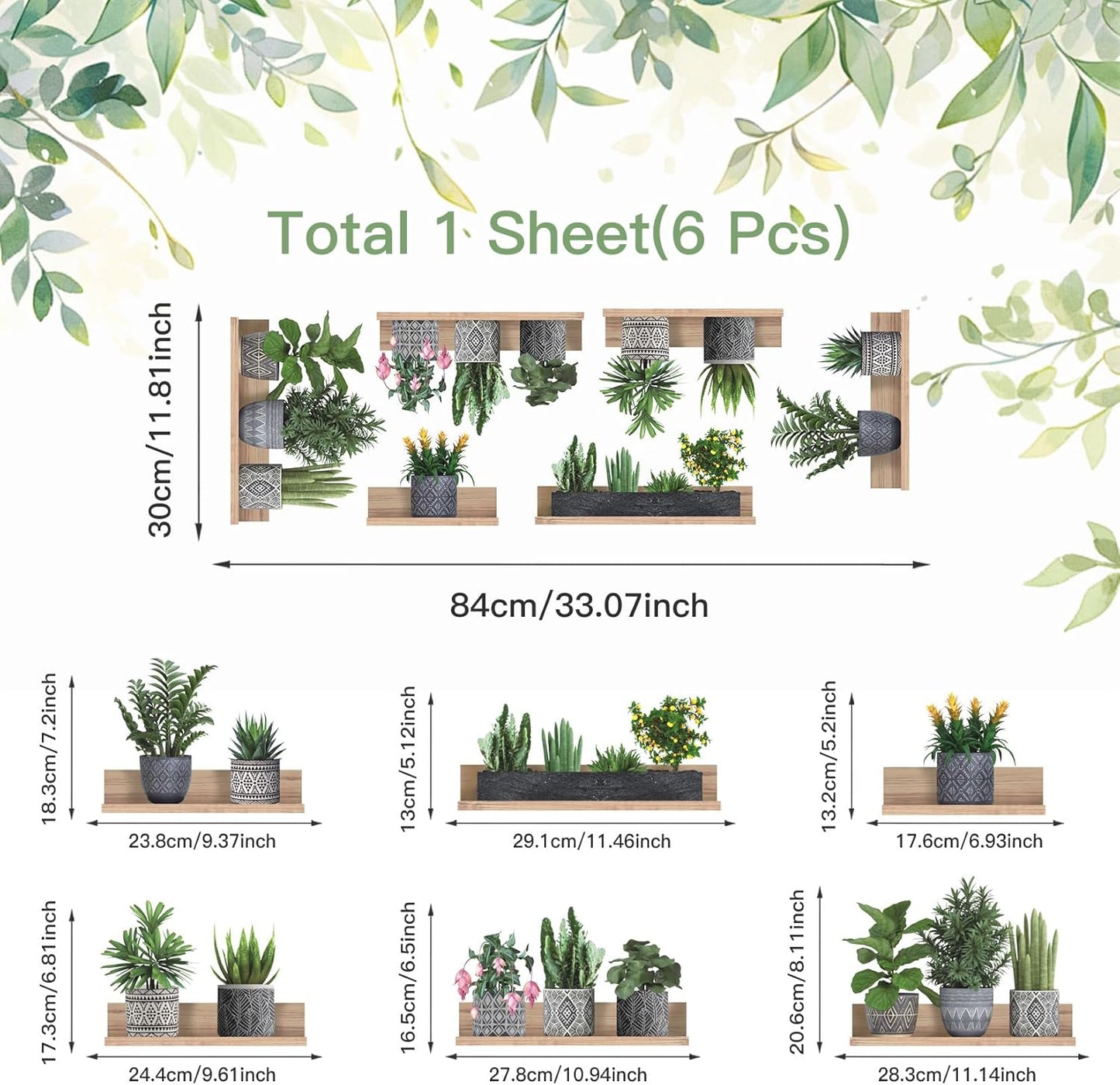 LHIUEM Potted Plants Decals Vine Stickers Green Botanical Decals(12'X33') Cottagecore Greenery Stickers Plant Spring Clings Tropical Wall Art 3D Vinyl Succulent Wall Clings for Office Lavatory