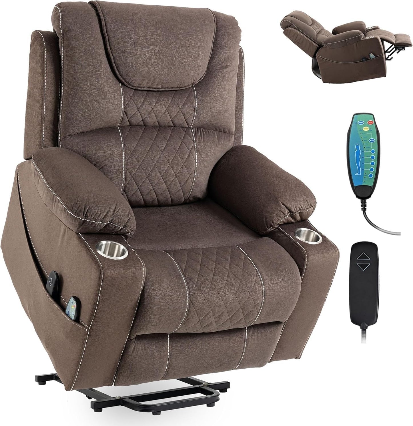 Velvet Home Theater Seat for Big and Tall Elderly Large Power Lift Recliner Chair Sofa Infinite Positions with Massage and Heat Single Motor Cup Holders and USB Ports