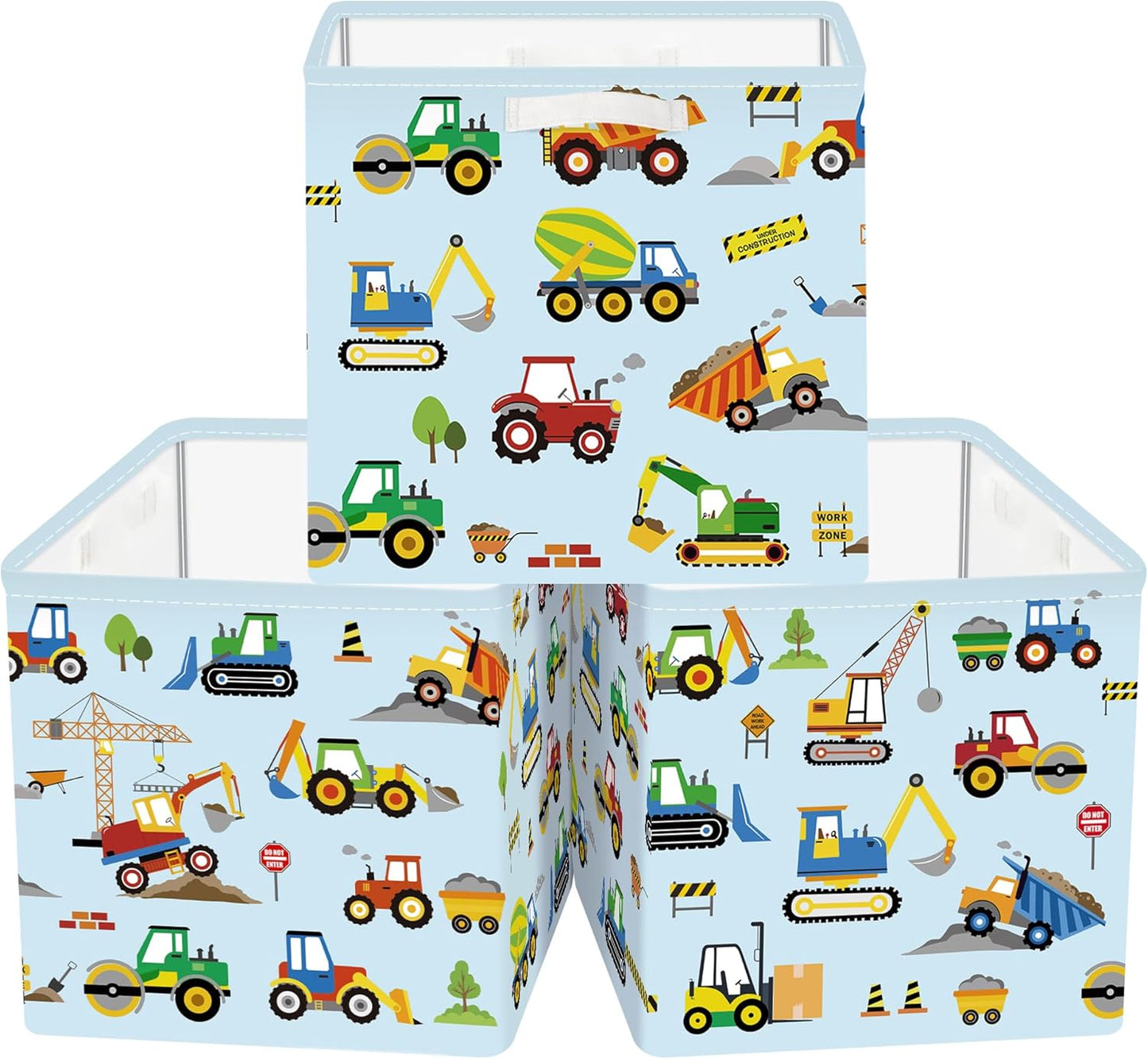 11.8" Engineering Vehicle Cube Storage Organizer Set 3Pcs Pickup Truck Cube Storage Bin for Bedroom Bulldozer Kid Book Toy Chest, Cartoon Car