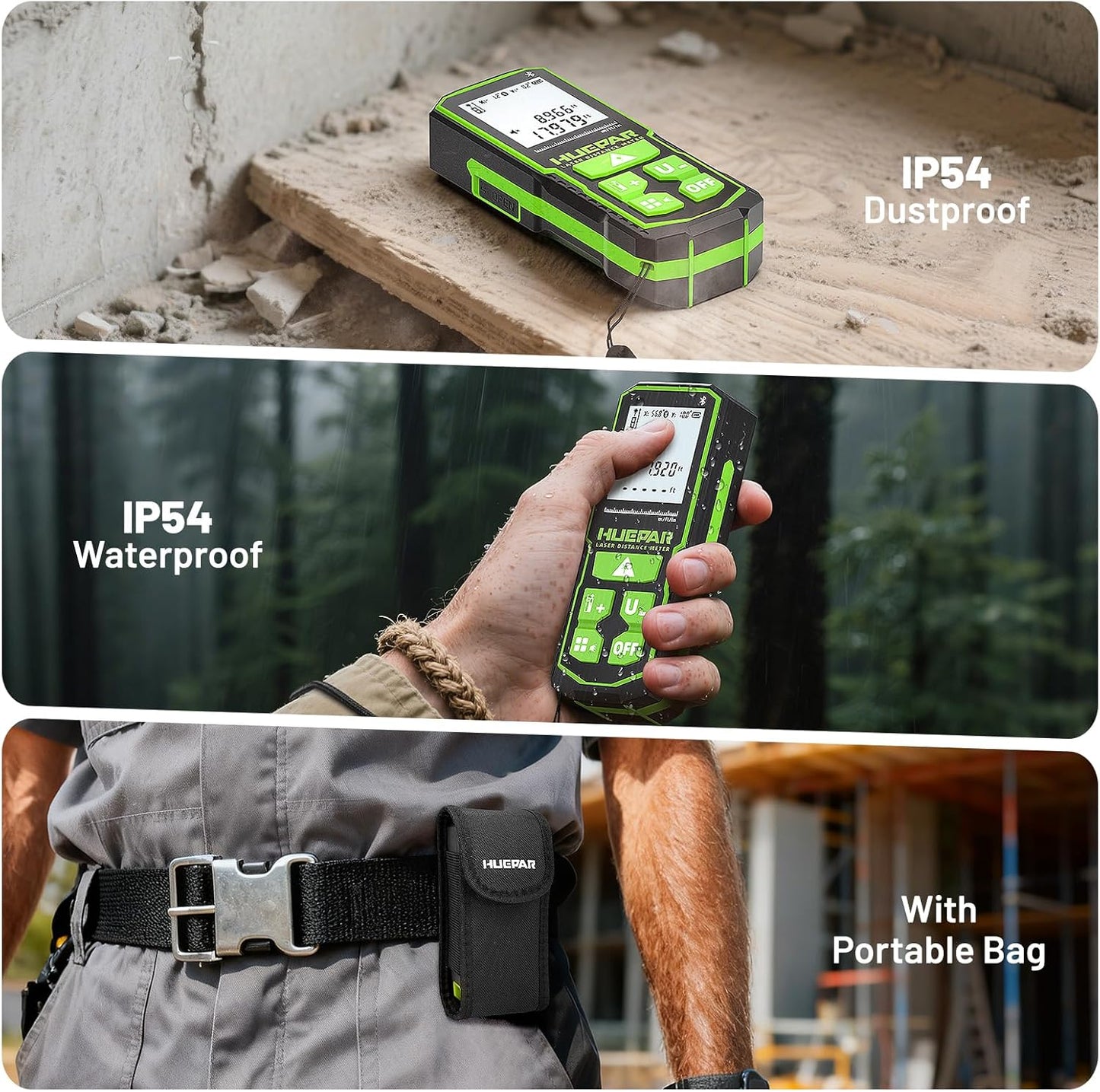 Laser Measuring Tool with Bluetooth APP, 200ft, ±1/16" High Accuracy, Huepar Rechargeable Green Beam Laser Distance Meter Multiple Measurement Modes, IP54 Durable for Home & Construction