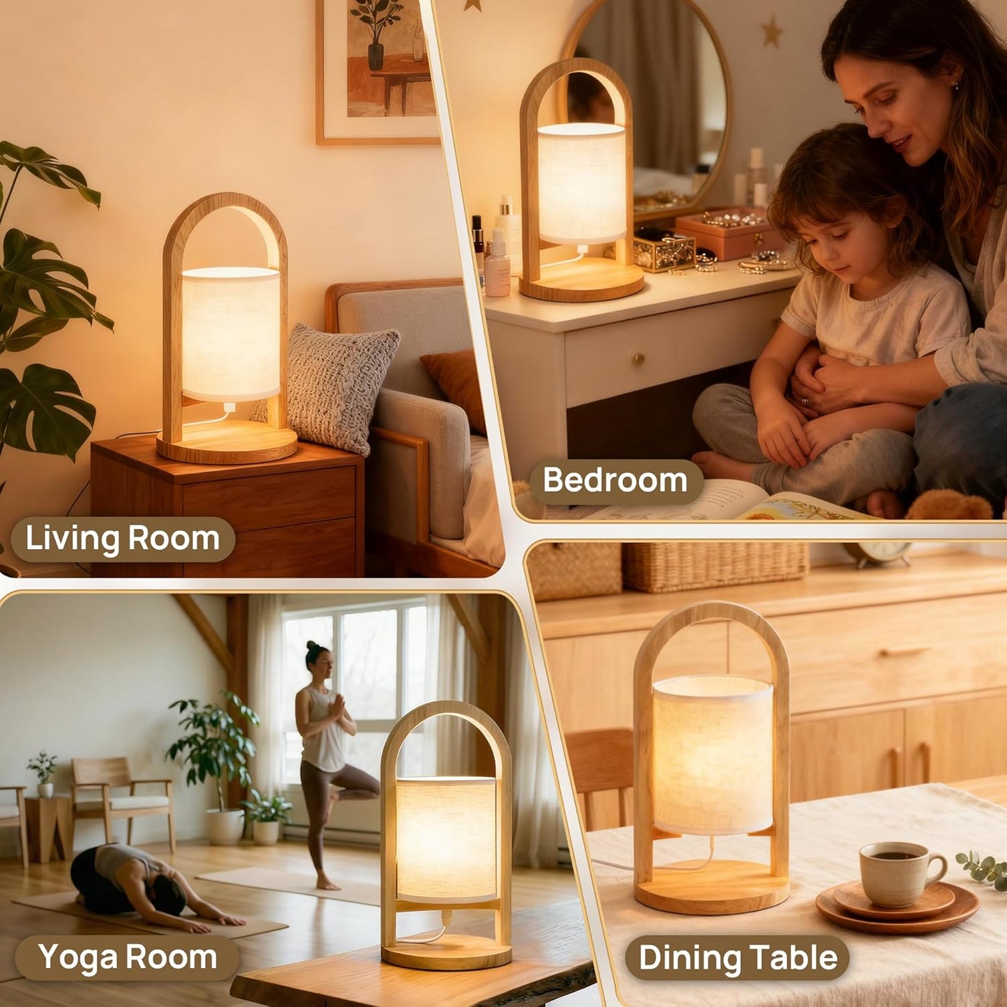 Small Table Lamp with Handle, 3 Color Temperature Bedside Lamp for Bedroom, Wood Base with Linen Shade, Portable Modern Nightstand Lamp for Living Room, Office & Dorm (LED Bulb Included)