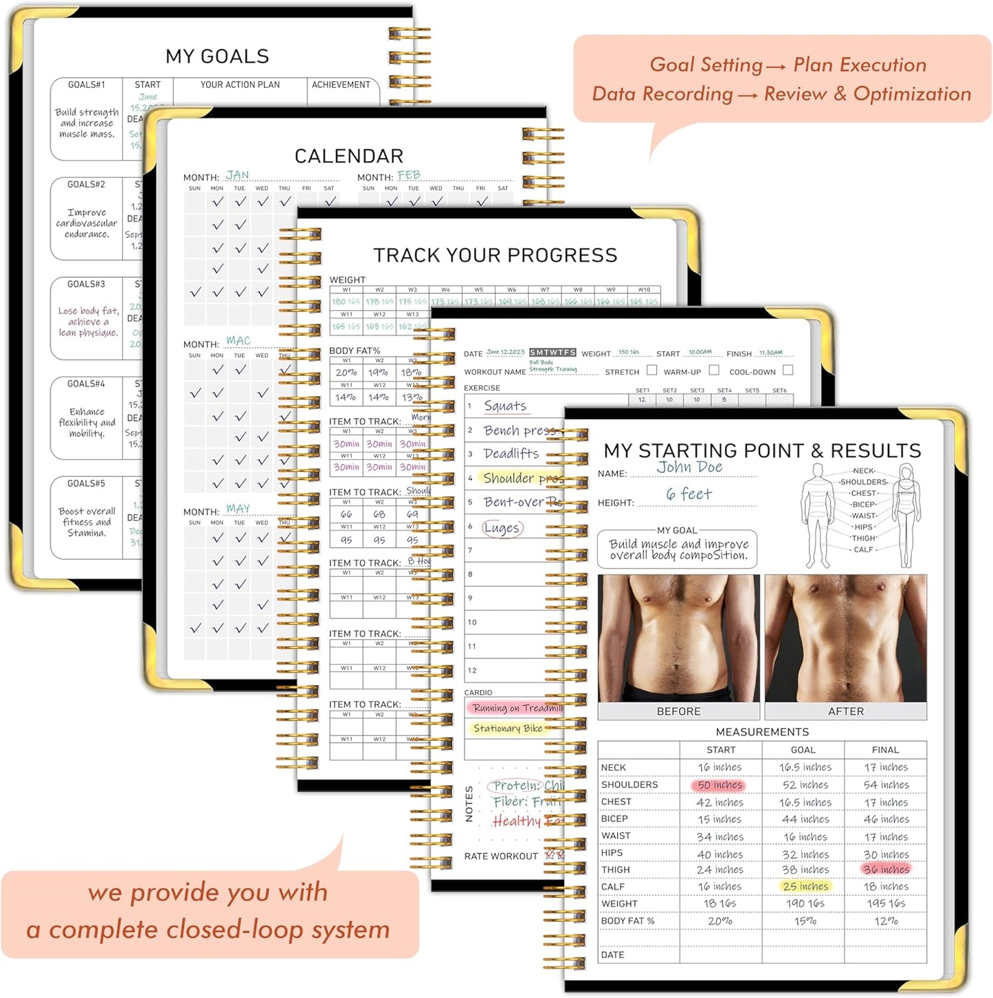 Workout Journal Fitness Tracker Planner for Men & Women, 5.9"×9.4" Workout Log Book for Tracking Gym & Home Workouts, Monitoring Progress - Exquisite Design Hardcover with Metal Corner , A5 Size Black Easy to Carry