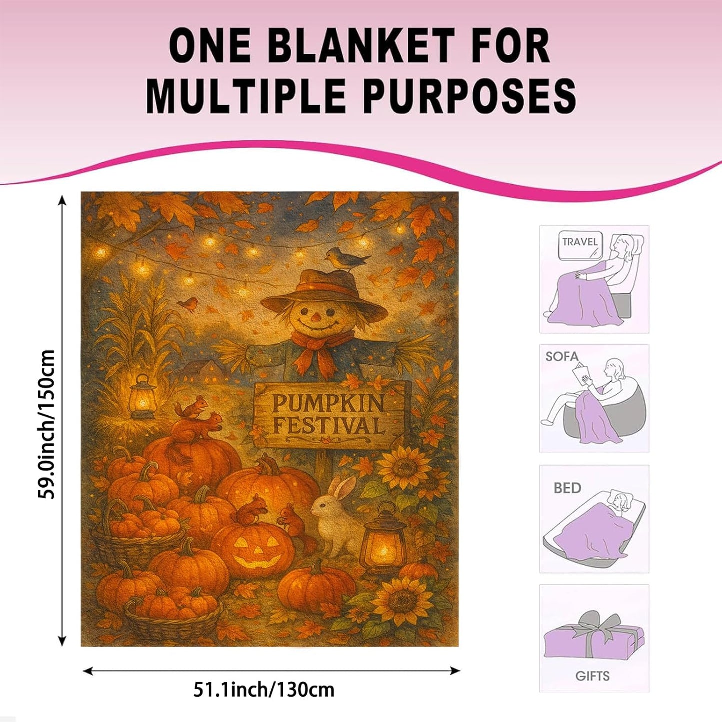 Fall Pumpkin Festival Blanket 60"X50" - Soft Flannel Throw Blanket, Autumn Harvest Decorative Blanket for Couch, Farmhouse Thanksgiving Home Decor Gift (Pumpkins, Scarecrow)