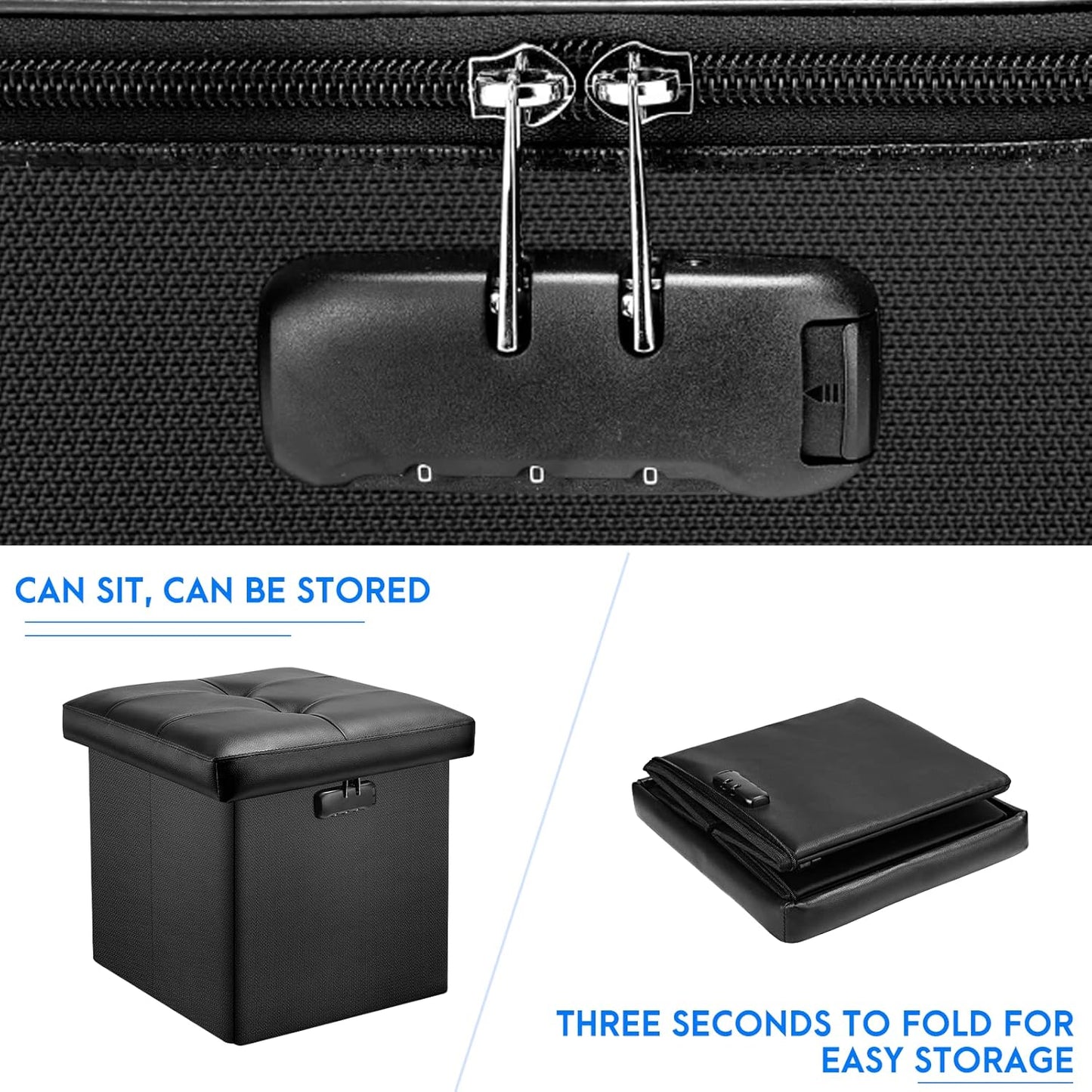 Tamfile Small Ottoman with Storage, 13 x 13 x 13 inch Fireproof Safe Folding Ottoman with Lock for Important Documents, Waterproof Foot Rest Stool with Storage, Ottoman Foot Rest with Handle, Black