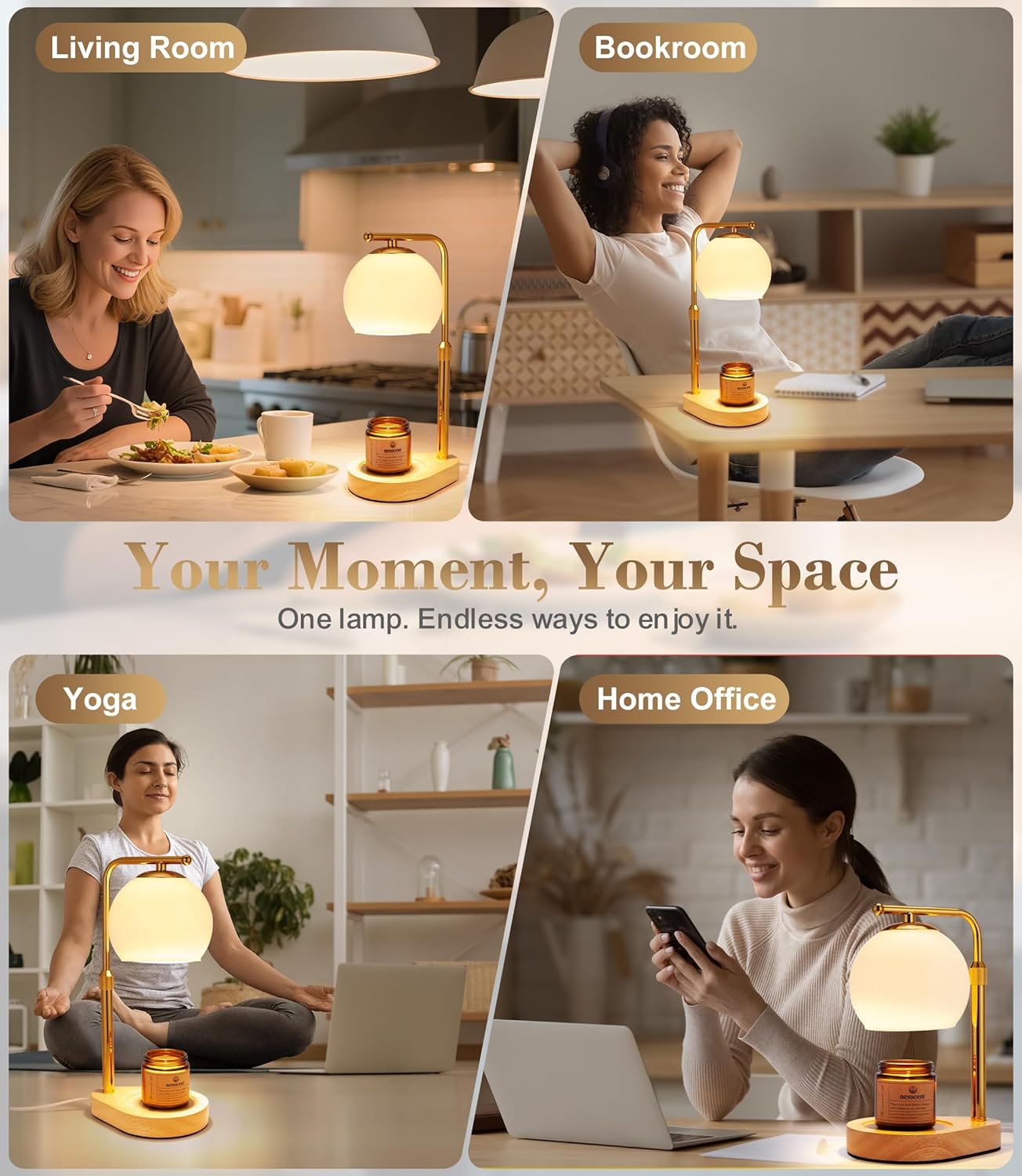 White Glass Candle Warmer Lamp Adjustable Height Dimmer 2 4 8 Hour Timer Natural Wood Base Wax Melter Includes Scented Candle and 2 Bulbs for Bedroom Living Room Modern Minimalist Decor
