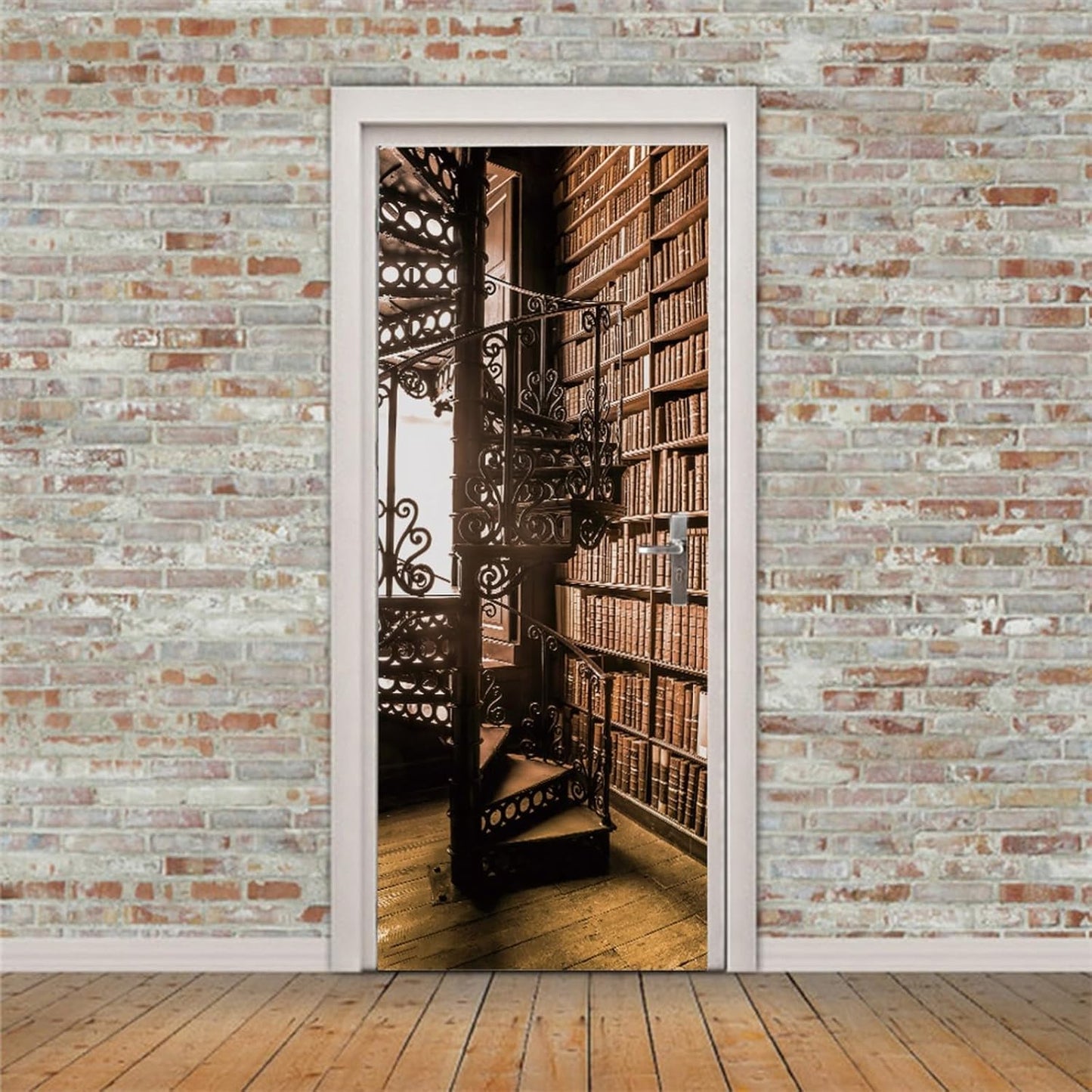 3D Door Stickers for Interior Doors Bookshelf with Books and Spiral Staircase in an Old Library Vinyl Waterproof Self Adhesive Door Mural Decals for Bedroom Office Bathroom 77 x 200cm