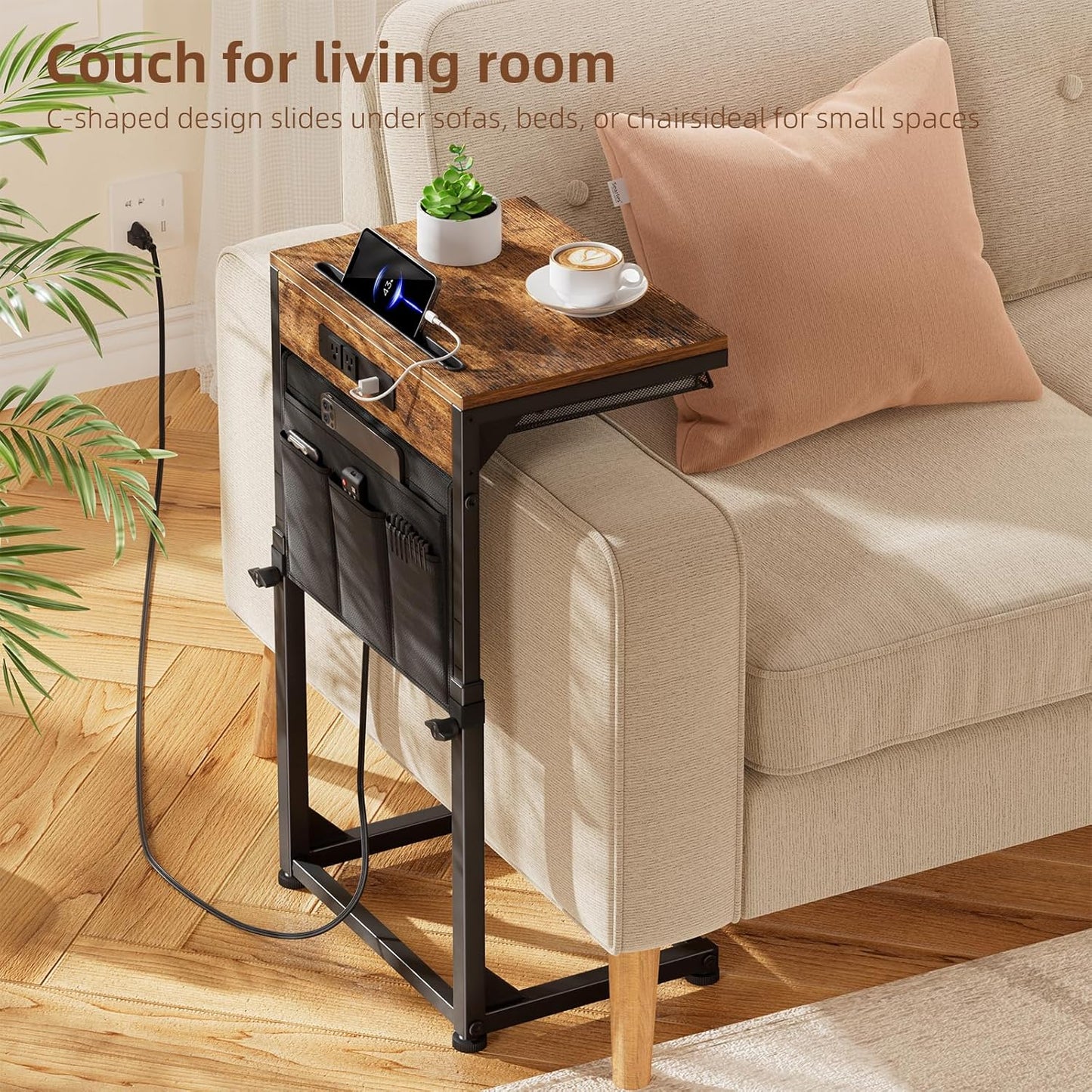 Simple Trending C Shaped End Table with Charging Station, Side Table Adjustable Height, Sofa Couch Table TV Tray with Storage Bag for Living Room, Rustic Brown