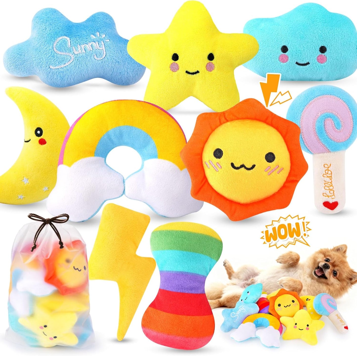 KIPRITII Whimsical Squeaky Dog Toys for Small Dogs & Puppies – Plush Toys Pack with Storage Bag, 9 Pcs Stuffed Puppy Chew Toys with Squeakers to Relieve Boredom
