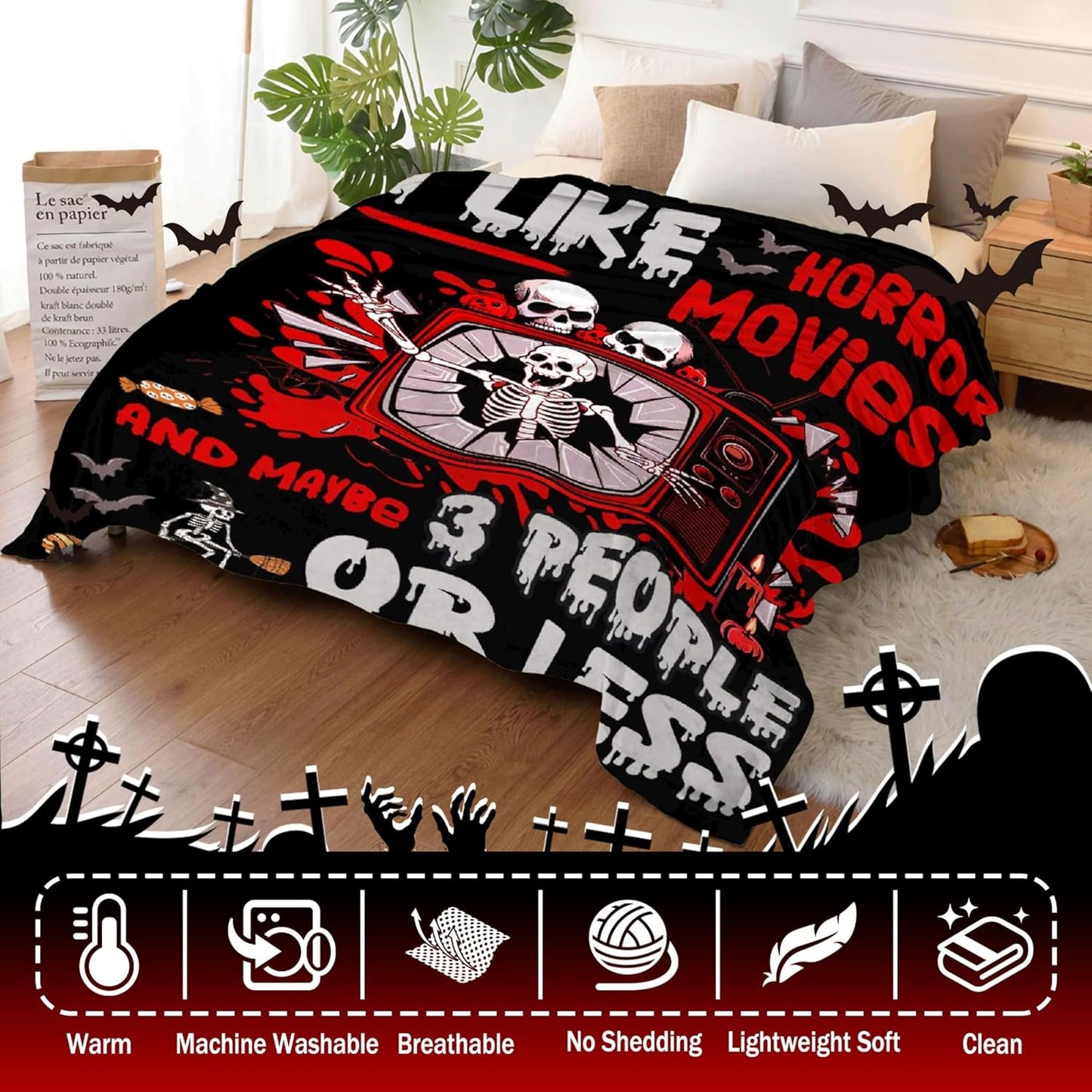 Horror Throw Blanket, I Like Horror Movies Gifts for Kids Adults, Soft Flannel Skull Blankets Quilts for Bed Sofa,Halloween Decoration for Bedroom,40"x50"