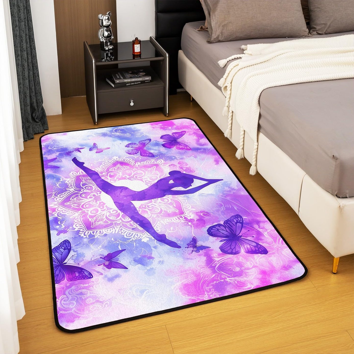 Erosebridal Mandala Living Room Rugs Gymnastic Area Rug 6'6" x 4'11" Purple Girls Boho Flower Butterfly Fantasy Watercolor Non Slip Washable Indoor Floor Mat Tie Dye Printed Decorative Carpet Bedroom