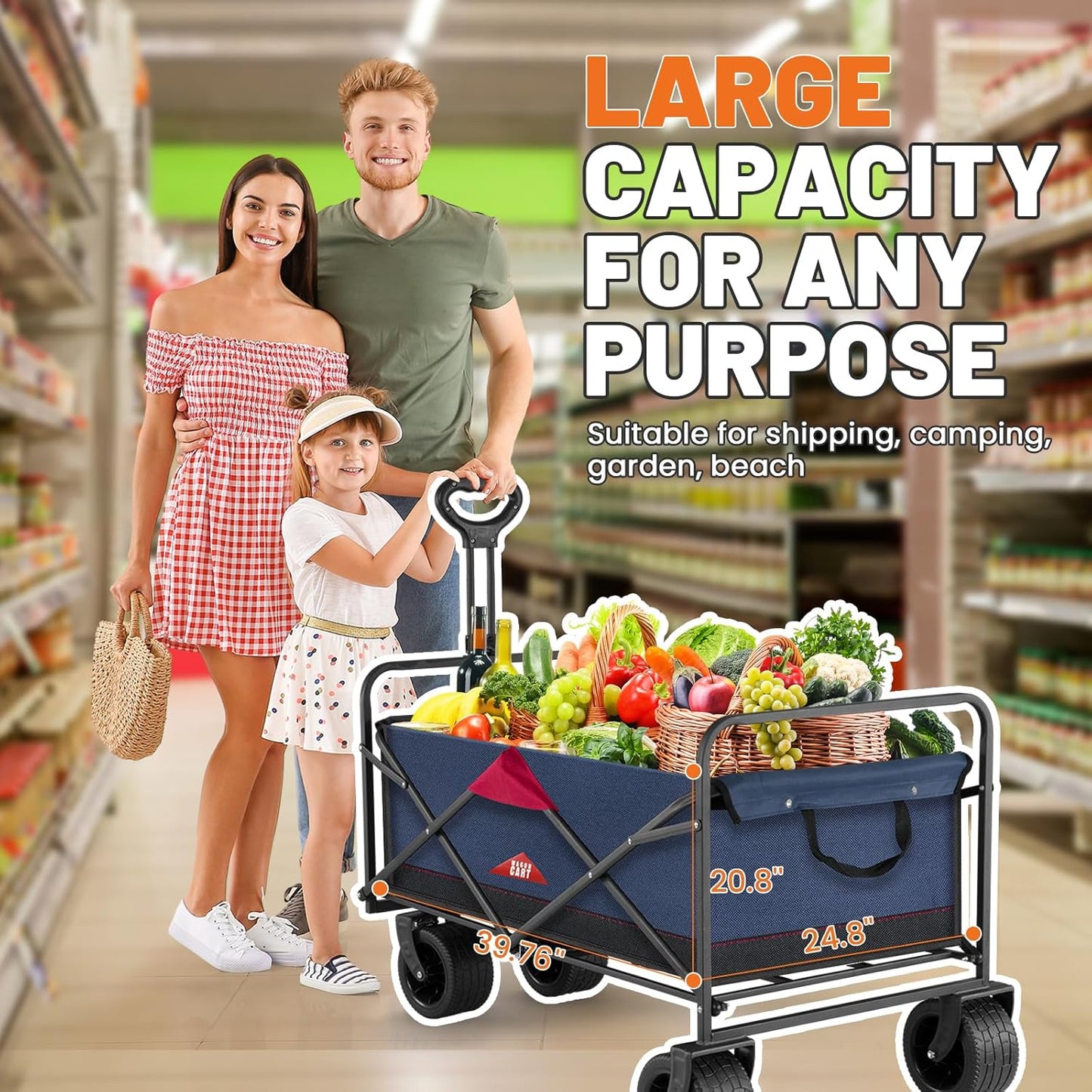 Collapsible Folding Wagon Cart, Heavy Duty Utility Beach Wagon Cart for Sand with Big Wheels, 220lbs Weight Capacity for Shopping, Camping, Garden and Outdoor